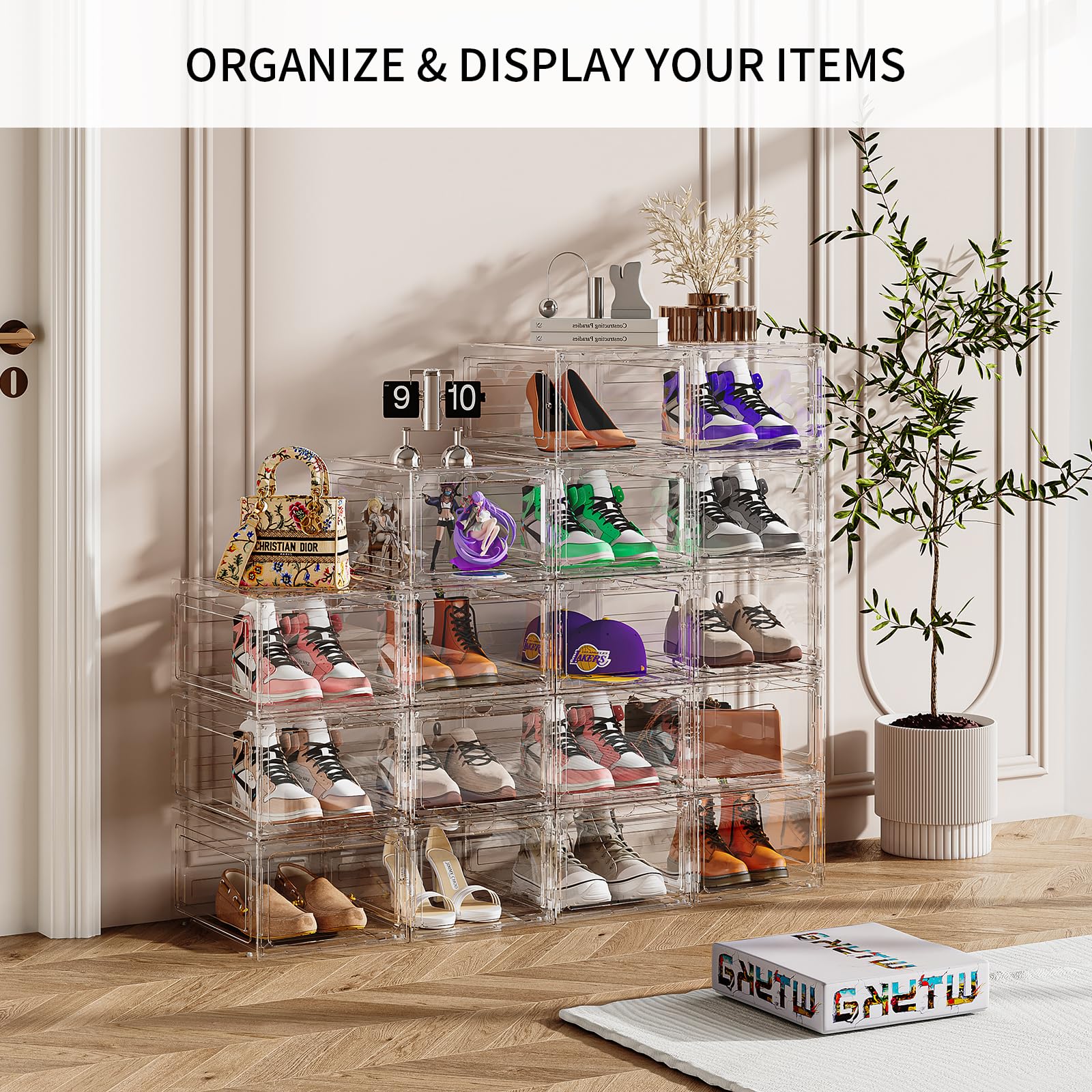 **Upgraded Thickened Clear Plastic Shoe Storage Boxes - 8 Pack Stackable Shoe Organizer with Magnetic Drop Front Door | Sturdy & Large for US Size 14 | Perfect for Closet, Entryway, or Shoe Display Case**