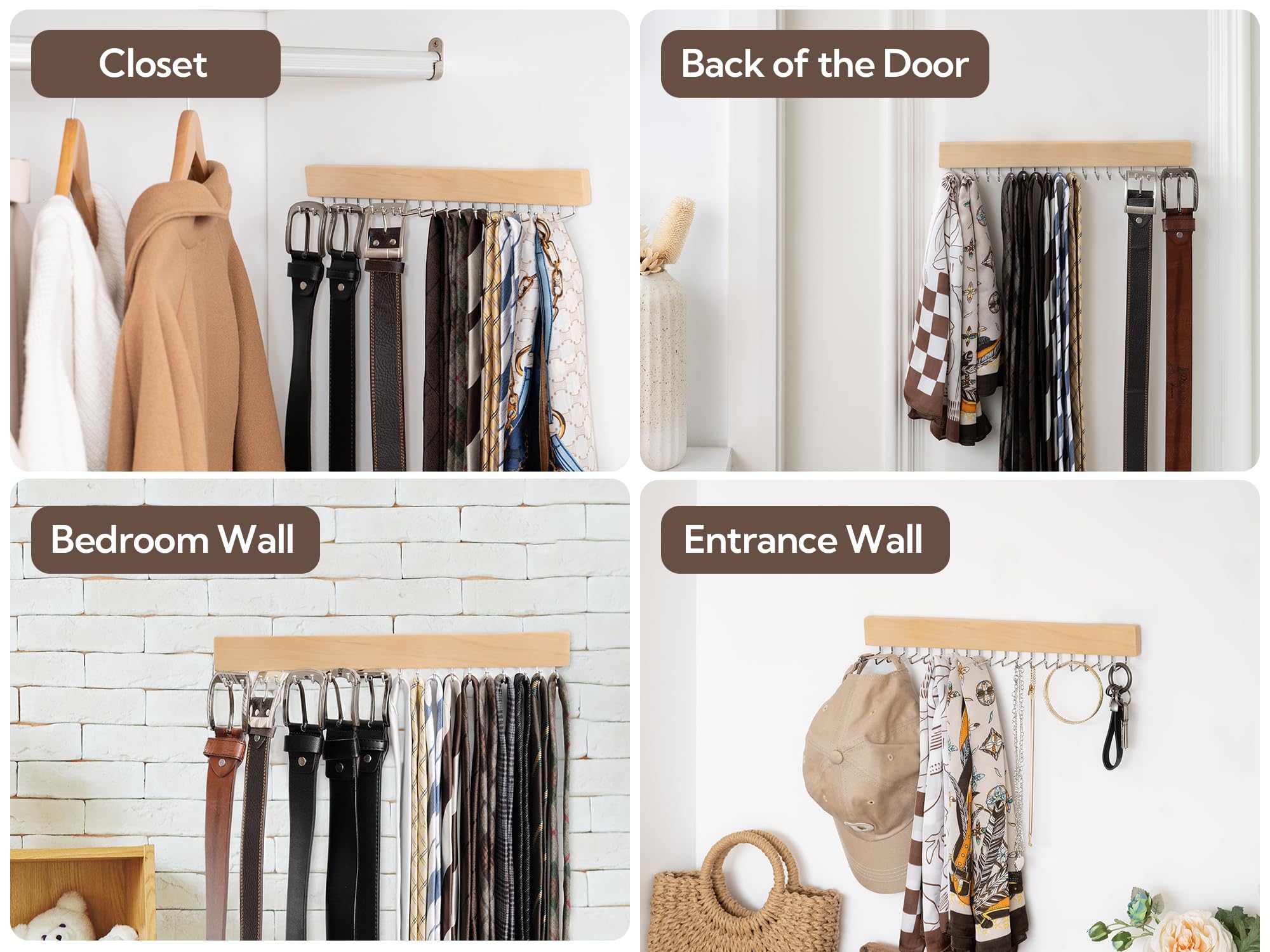 StorageWorks 2-Pack Wooden Tie Rack with 20 Hooks - Wall Mounted Organizer for Neckties, Belts, Hats & Accessories - Natural Wood Finish - Perfect for Closet Organization & Home Decor