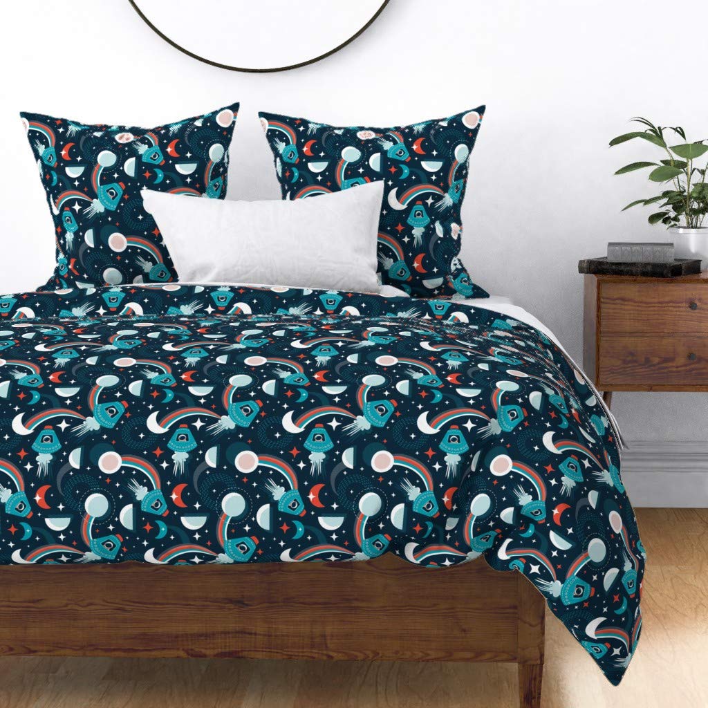 Fly Moon Space Travel Kids Celestial Stars Cotton Sateen Duvet Cover - Full/Queen Size Blue Outer Space Print Custom Bedding for Boys & Girls Room Decor | NASA Theme Bedroom Set