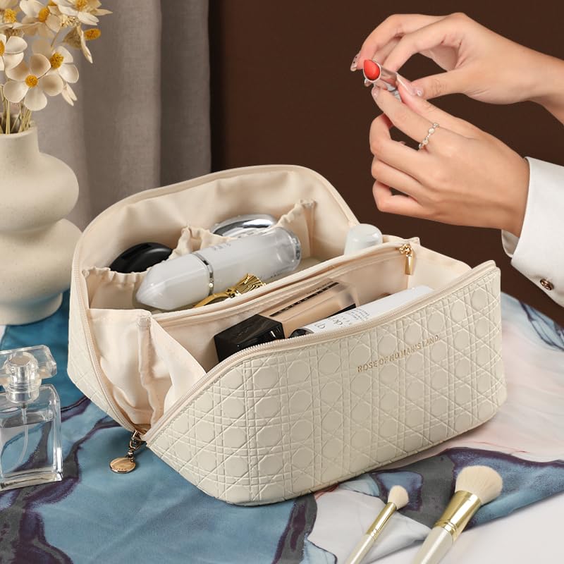 Large Travel Makeup Bag for Women - Waterproof PU Leather Cosmetic Organizer with Divider, Portable Toiletry Bag (Creamy White) - Perfect for Vacation, Gym & Daily Essentials Storage