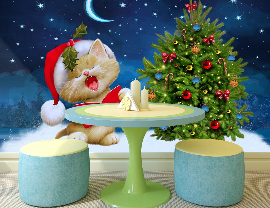3D Cat Christmas Tree Wall Decal - Self-Adhesive Removable Vinyl Wallpaper Mural (164