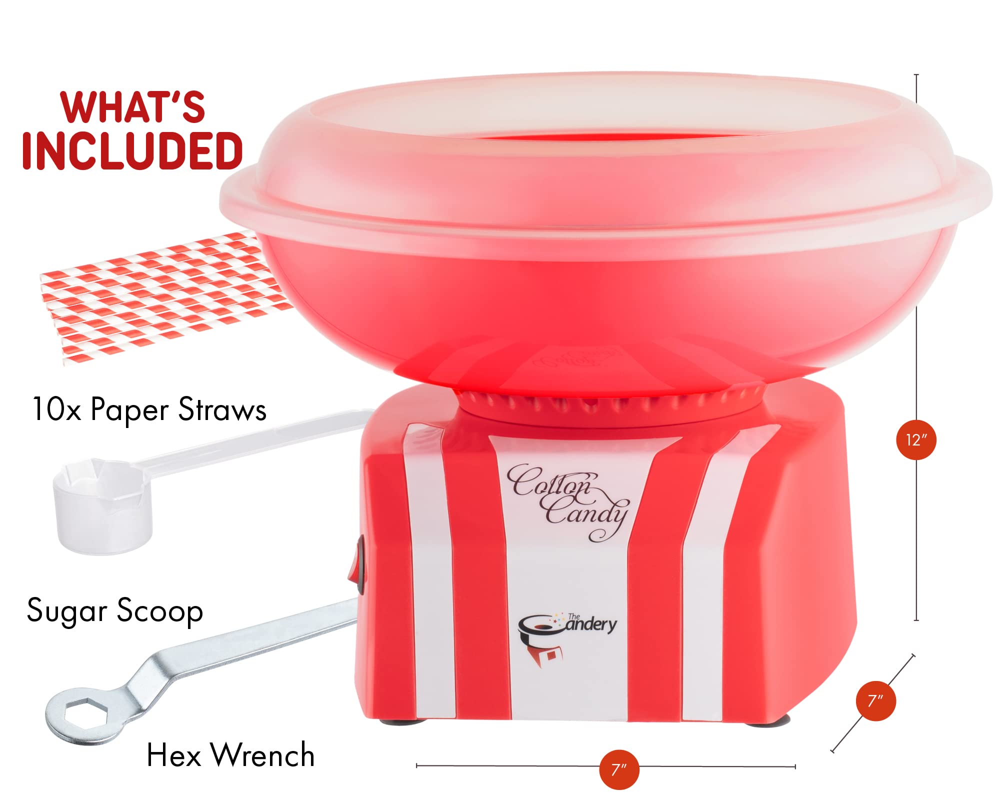 The Candery Cotton Candy Machine - Bright & Colorful Candy Floss Maker for Hard Candy, Sugar-Free Treats, Homemade Sweets - Includes 10 Cones & Scooper - Perfect for Birthday Parties, Carnival Events & Home Dessert Making