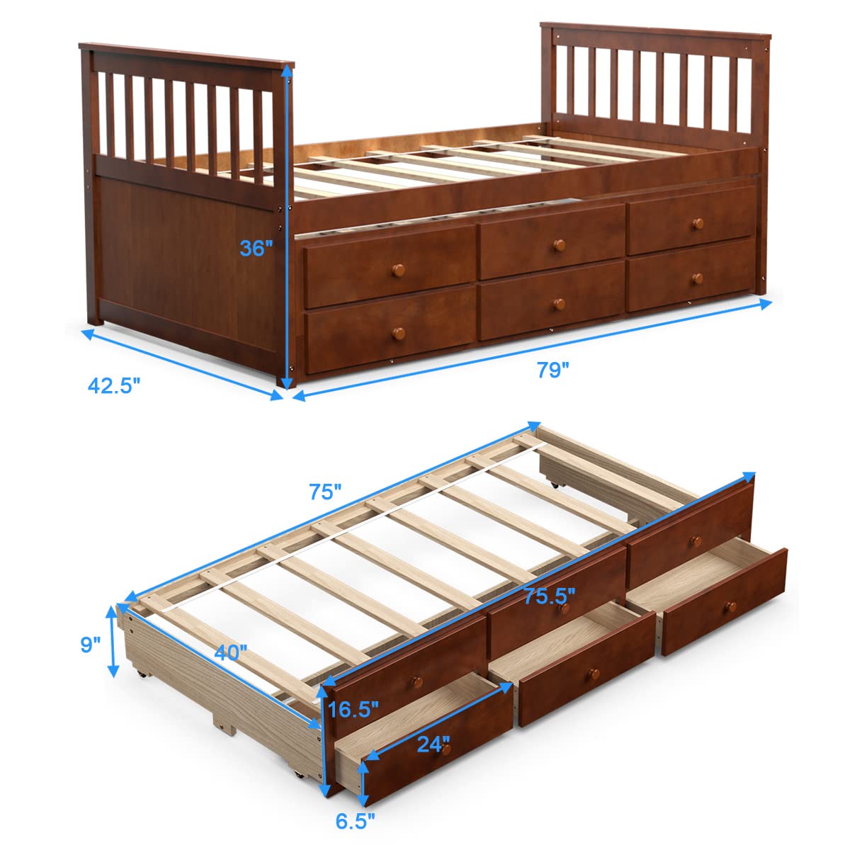 KOMFOTT Twin Size Wooden Trundle Bed with Storage Drawers - Space-Saving Daybed Frame, No Box Spring Needed, Captain’s Bed for Guest Room, Kids Room & Small Apartments