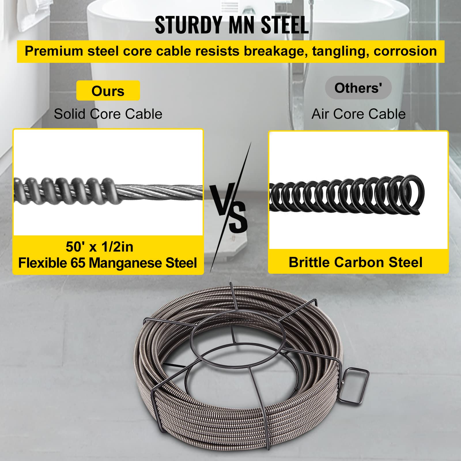**Mophorn 50ft x 1/2 Inch Solid Core Drain Cleaning Cable - Heavy Duty Sewer Snake Auger for Clogged Pipes, Sinks & Toilets - Perfect for Home, Commercial & Industrial Drain Maintenance**