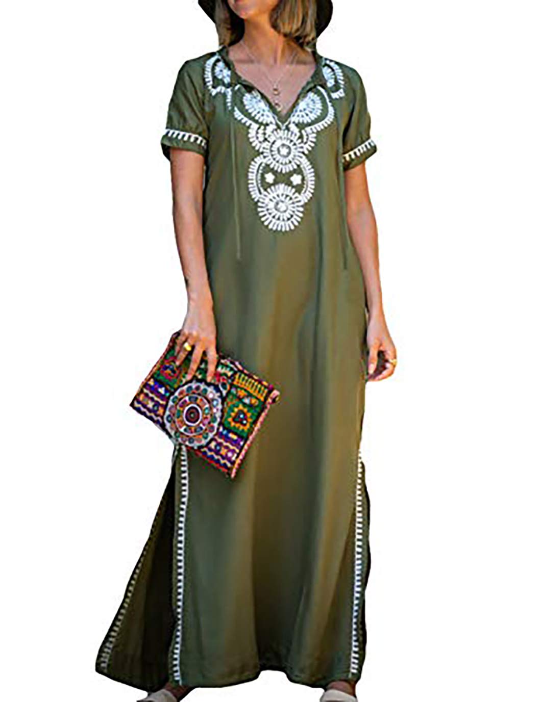 Eddoyee Women's Embroidered Long Kaftan Dress - Beach Cover Up, Swimsuit Cover, Boho Maxi Dress for Summer Vacation, Pool Party & Resort Wear