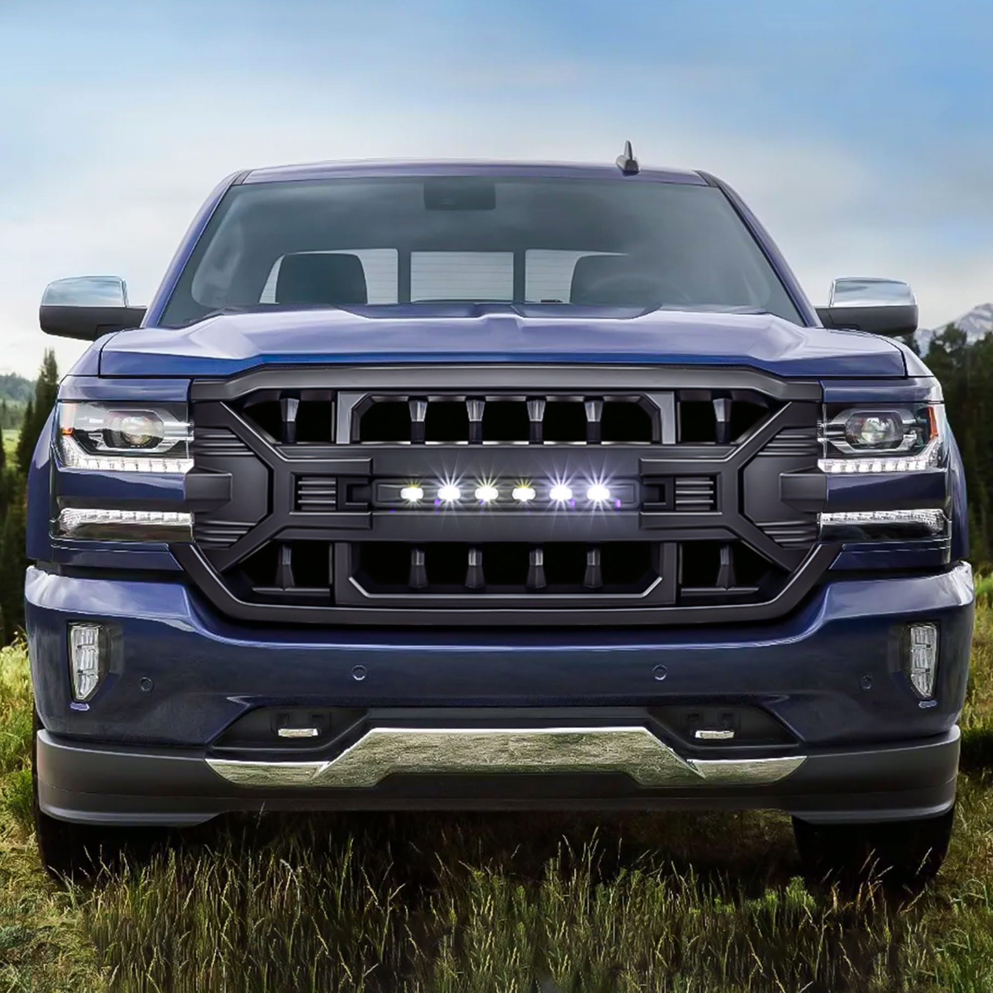 Heavy Duty AMERICAN MODIFIED Armor Grille with Off-Road LED Light Bar | Compatible with 2016-2019 Chevrolet Silverado 1500 | Matte Black Finish | Perfect for Off-Roading, Truck Customization & Night Driving