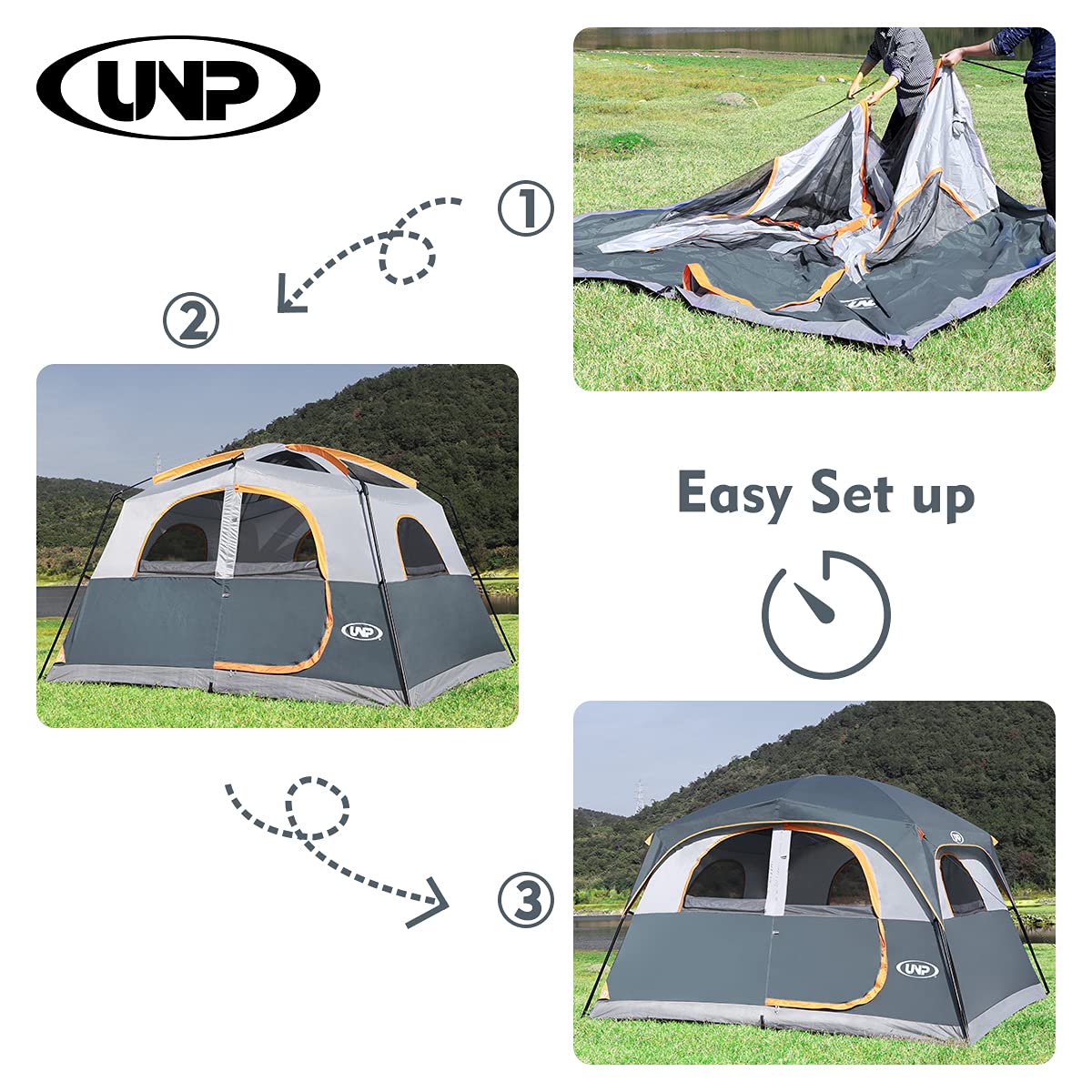 UNP 6-Person Waterproof Windproof Family Camping Tent - Easy Setup Double Layer Design with 1 Mesh Door & 5 Large Windows (10'x9'x78