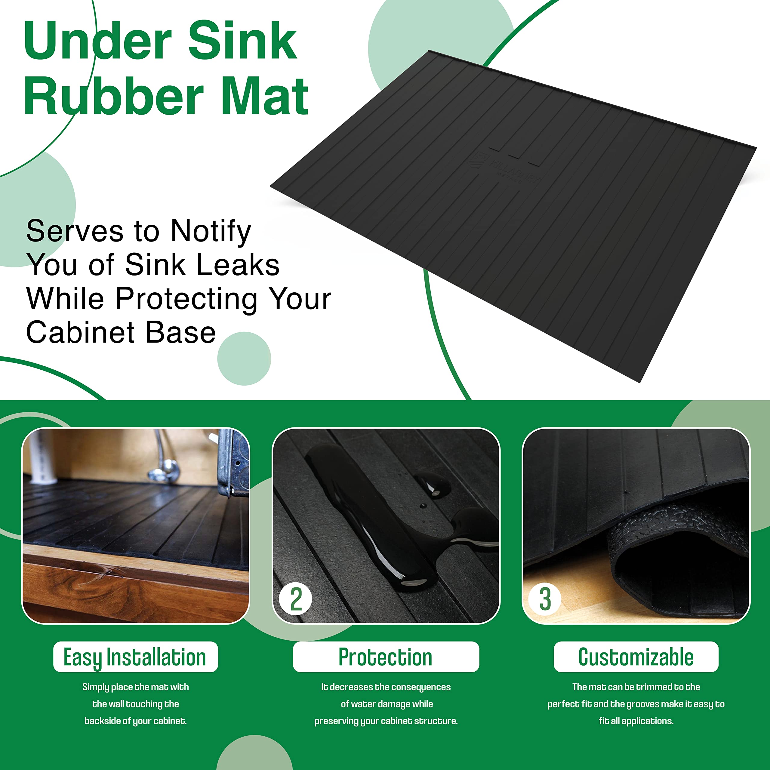 **Durable Under Sink Rubber Mat - Custom Cut to Size Leak Protection Mat for Kitchen & Bathroom Cabinets | Waterproof & Flexible Cabinet Base Guard | Affordable Leak Detection Solution by Killarney Metals | Perfect for Preventing Water Damage Under Sinks**