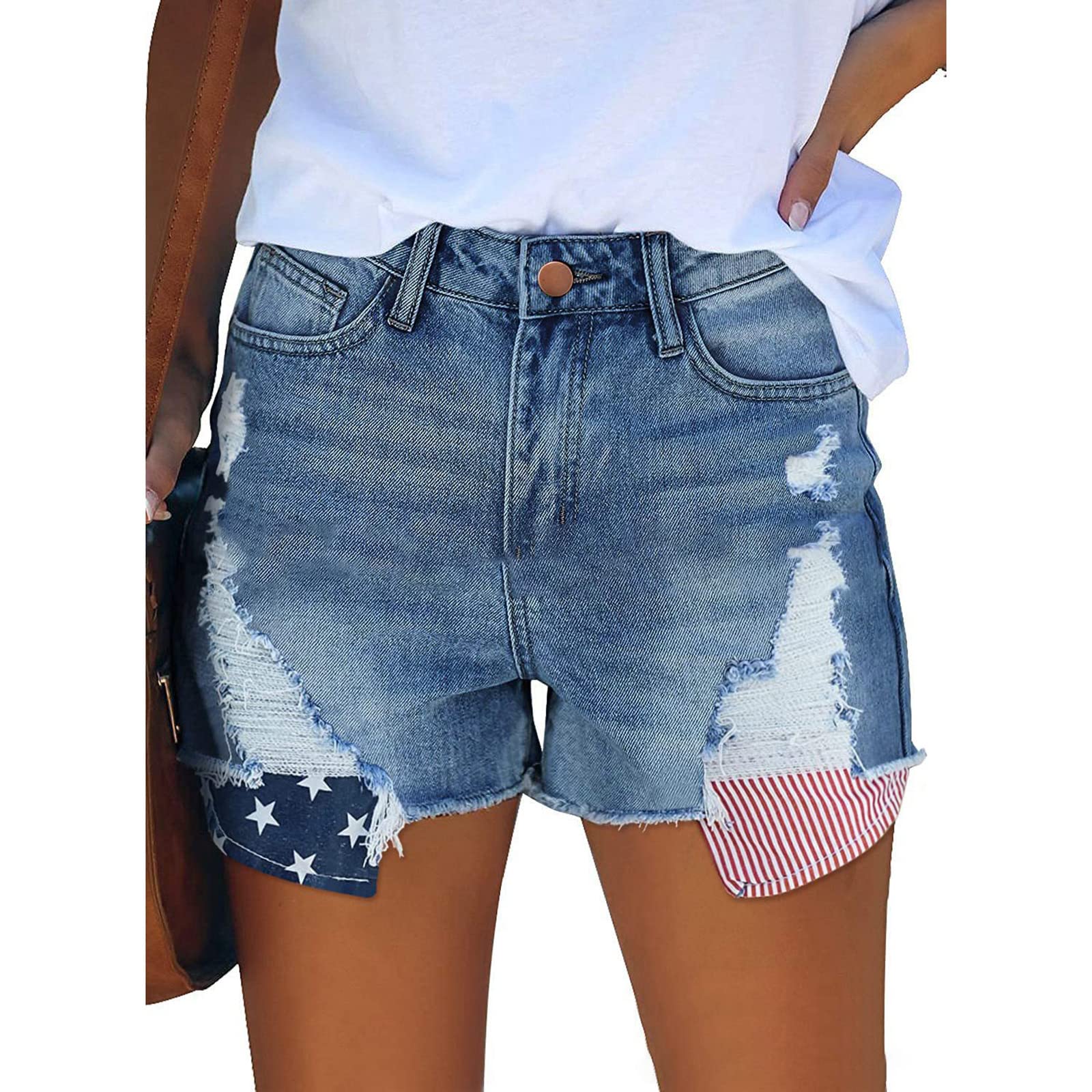 ZYAO Women's 4th of July Denim Shorts - Ripped Frayed Raw Hem American Flag Star Stripe Jean Shorts | Casual Summer Outfit, Beach Party, Patriotic Celebration