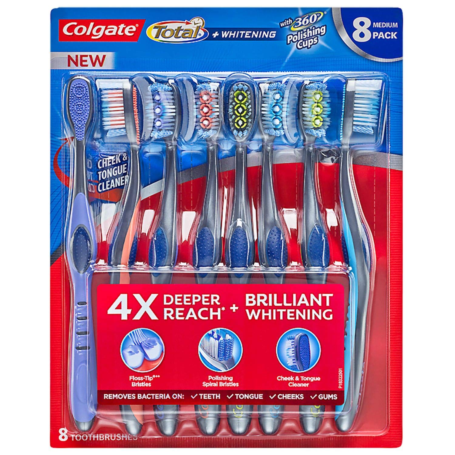 Colgate Total Plus Whitening Toothbrush with 360 Polishing Cups - Medium Bristles (8 Pack) for Daily Oral Care & Stain Removal at Home