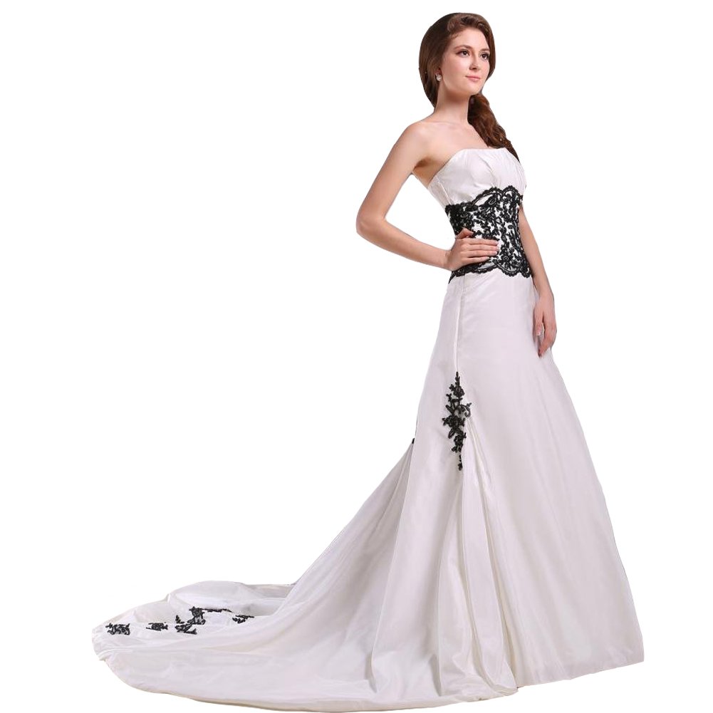 Kivary® Strapless White & Black Lace Beaded Gothic Wedding Dress - Elegant Gothic Bride Costume for Alternative Weddings, Vampire Themed Parties & Dark Romance Photoshoots