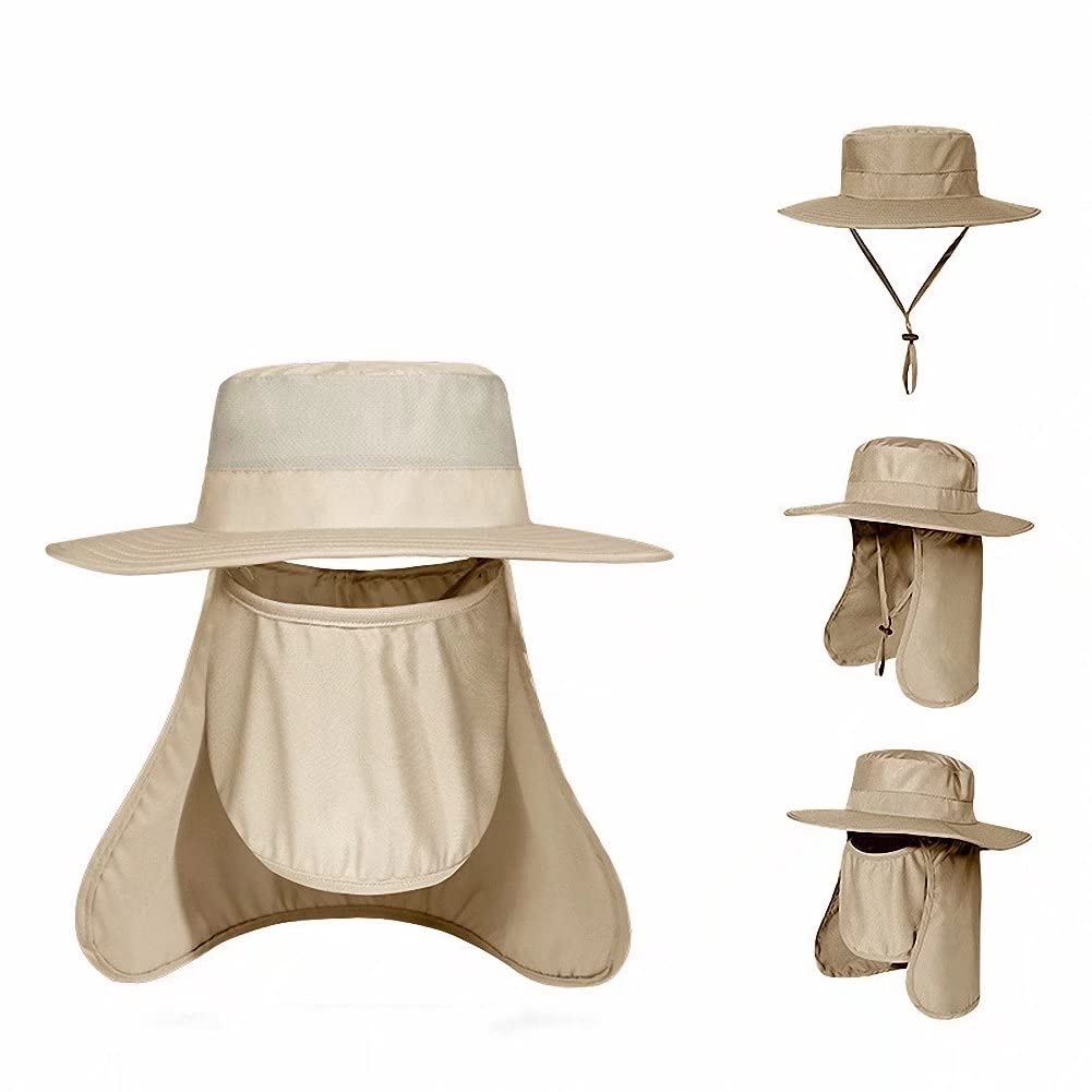 UV Protection Summer Fishing Hat for Men & Women - Wide Brim Sun Hat with Neck Flap & Face Cover - Outdoor Sun Hat for Beach, Hiking, Camping & Fishing - Beige