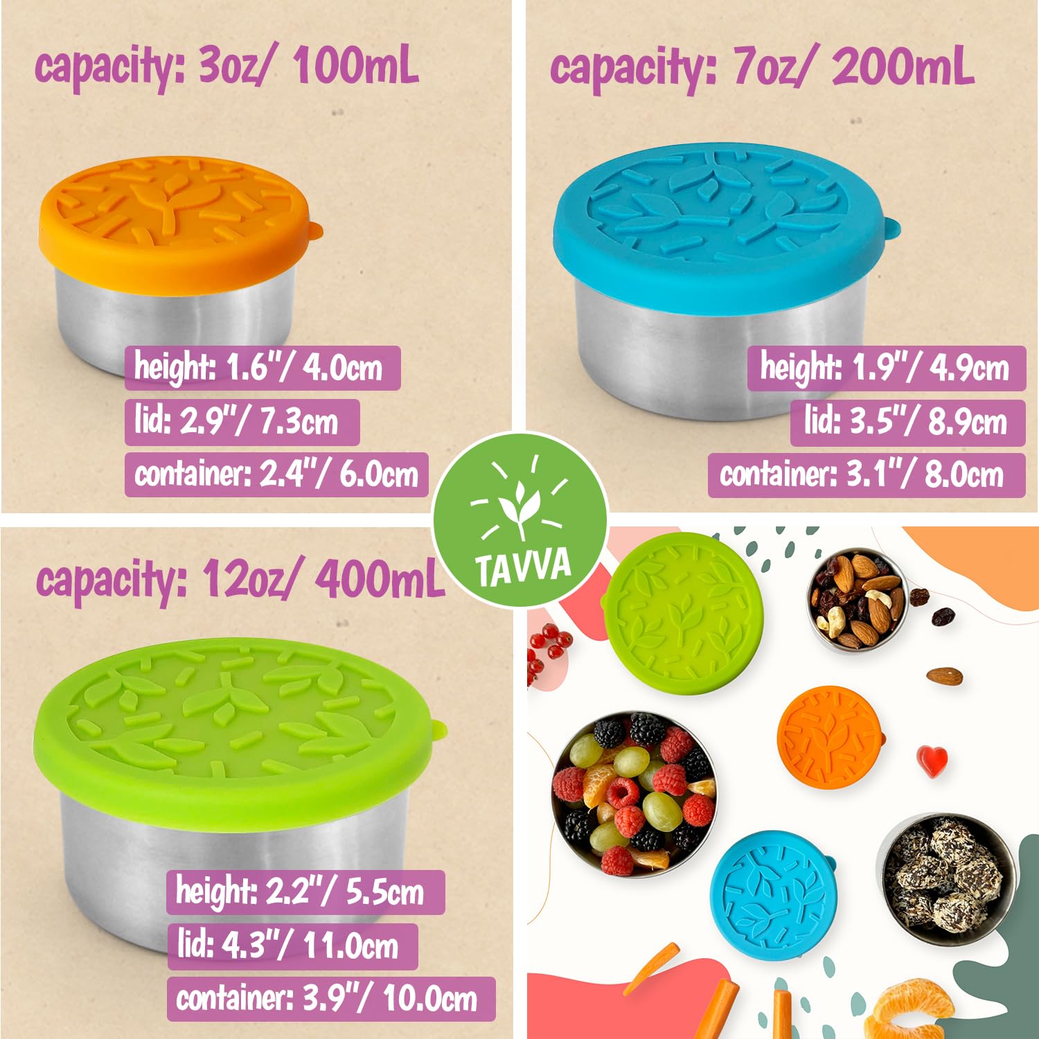 TAVVA Stainless Steel Kids Snack Containers - Eco-Friendly, Leak-Proof Lunch Box for School, Bento Box, Toddler Food Storage with Secure Lids | Perfect for School Lunches, Picnics & On-the-Go Snacks