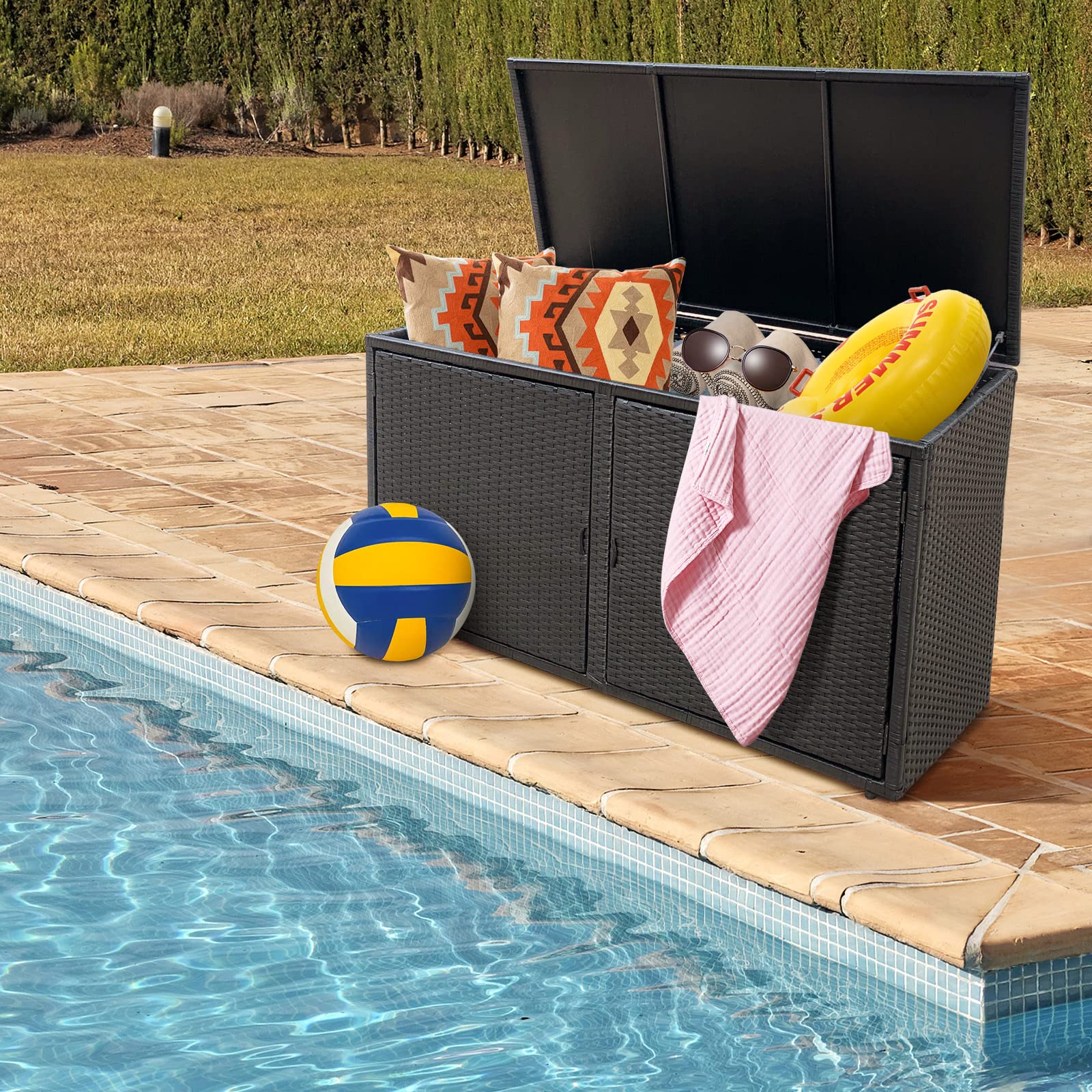 HAPPYGRILL 88 Gallon Outdoor Wicker Storage Box - Rattan Deck Box for Patio Furniture, Garden Tools & Yard Accessories - Weatherproof Storage Solution for Balcony, Porch & Backyard Organization