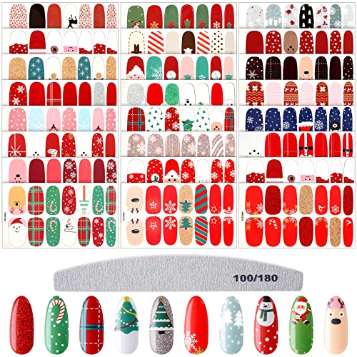 24 Sheets Christmas Nail Stickers - Self-Adhesive Nail Polish Decals with Holiday Designs (Trees, Reindeer, Snowman) + Free Nail File | Perfect for Christmas Parties, Gift Giving & Festive Nail Art