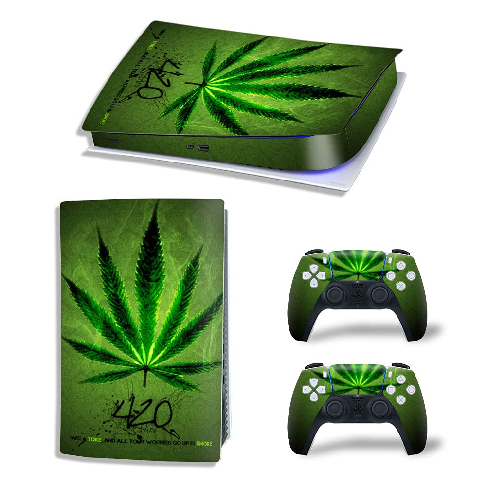 Premium Glossy Vinyl Decal Skin Wrap Full Body Cover for PS5 Console & 2 Controllers - Protective Stickers for Playstation 5 Digital Edition (Green Weeds Design) - Perfect for Gaming Setups, Customization & Console Protection