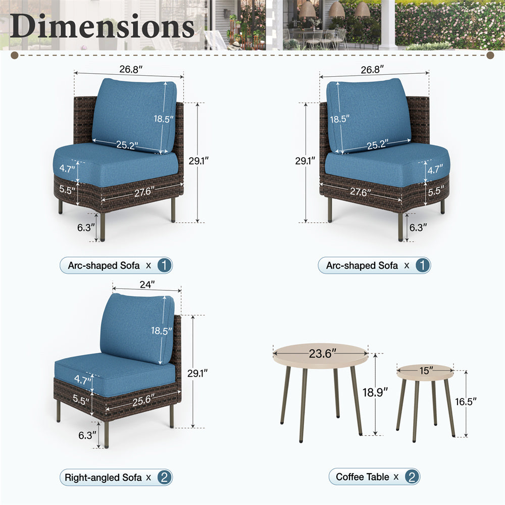 Phi Villa Outdoor Round Wicker Conversation Sofa Set with Navy Cushions & 2 Coffee Tables - Patio Furniture for Garden, Poolside, and Backyard Relaxation