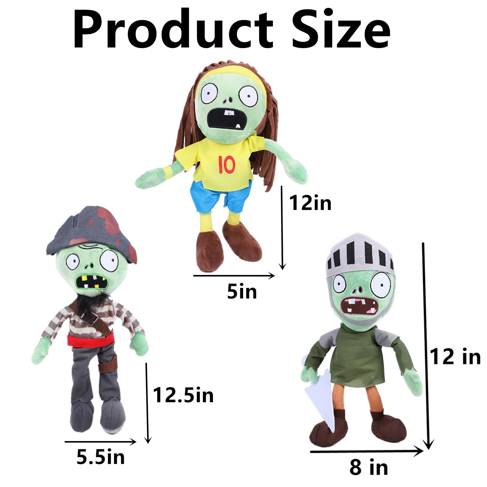 JHESAO 3-Piece Plants vs Zombies Plush Toy Set - Captain Zombie, Knight Zombie & Football Zombie Stuffed Dolls | Soft PVZ Character Figures for Kids Gifts, Game Room Decor & Themed Birthday Parties