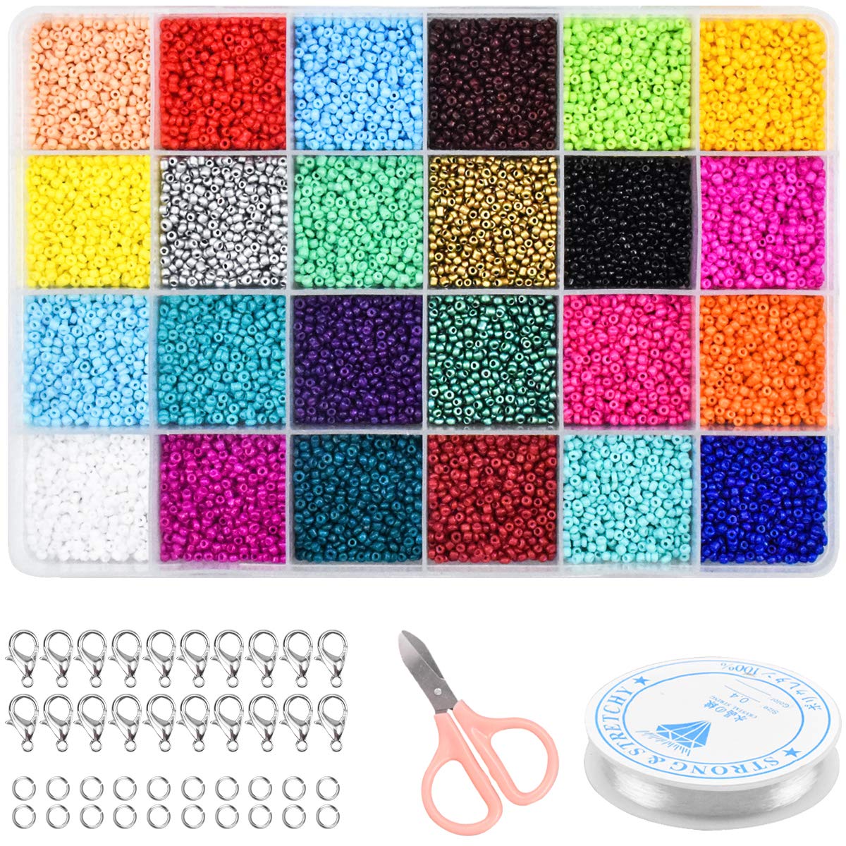 14,400 Pcs Glass Seed Beads Kit for Jewelry Making, DIY Bracelets & Crafts - Includes Elastic String, Scissors, Tweezers & Storage Box - Perfect for Jewelry Design, Beading Projects & Gift Making