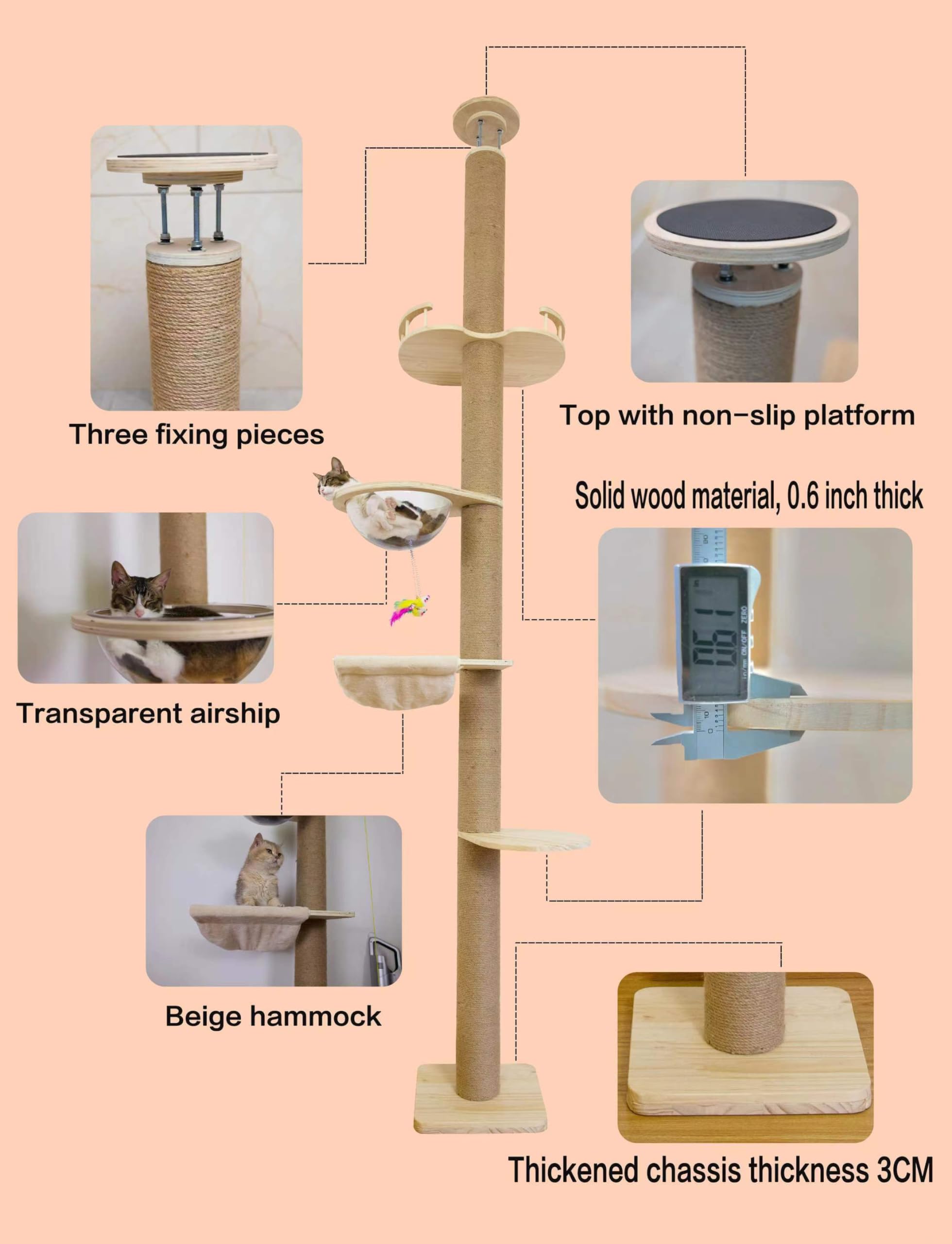 Premium Adjustable Cat Tree Floor to Ceiling - 55.52-118.5 Inch Natural Sisal Scratching Post & Activity Center for Indoor Cats | Perfect for Small Spaces & Multi-Cat Homes