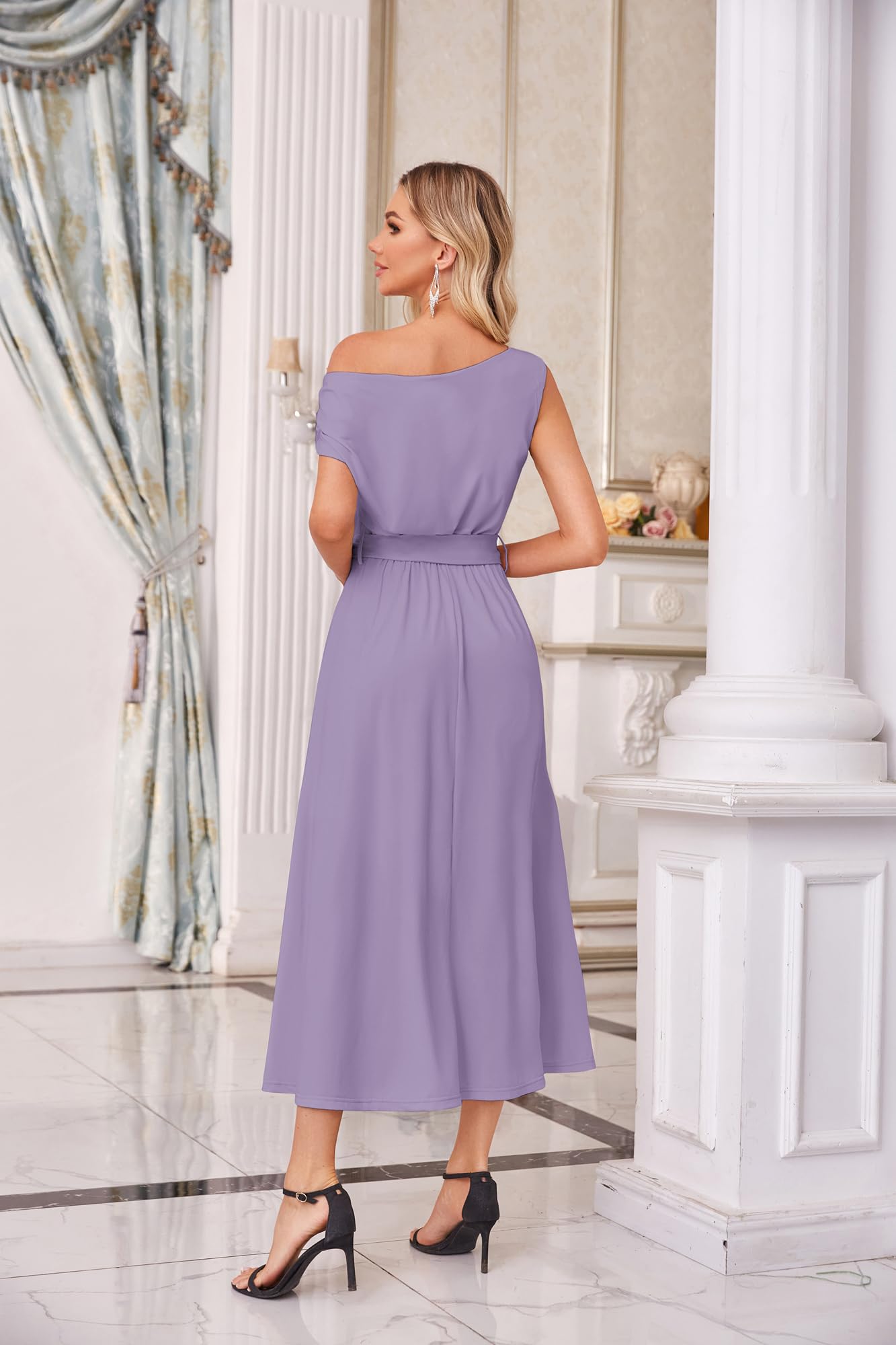 GRACE KARIN Women's Elegant One Shoulder Sleeveless Cocktail Dress | A-Line Midi Party Dress with Tie Waist | Perfect for Wedding Guest, Evening Gala & Special Occasions