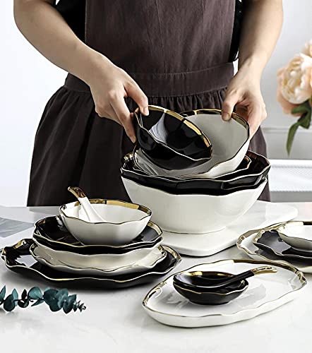 Colias Wing Gold Edge Porcelain Side Dish Bowls - Irregular Curve Design, Soy Sauce Dipping Dishes, Black & White Set of 4 - Perfect for Sushi, Dumplings, and Asian Cuisine Serving