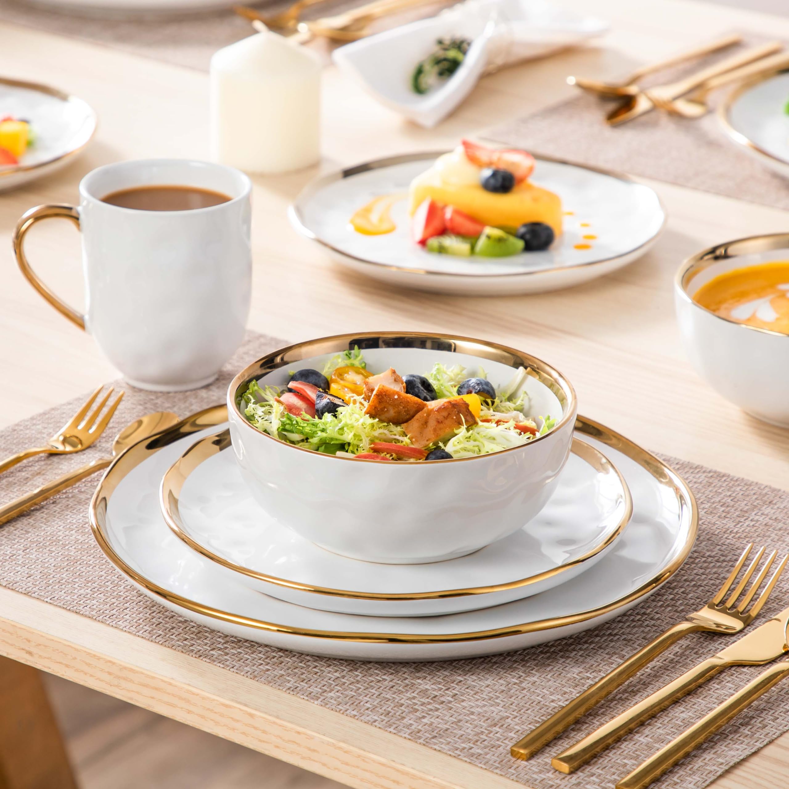 LOVECASA 16-Piece Porcelain Dinnerware Set - White & Gold Round Plates & Bowls for 4, Dishwasher Safe & Scratch Resistant - Elegant Table Setting for Holidays, Dinner Parties & Everyday Use