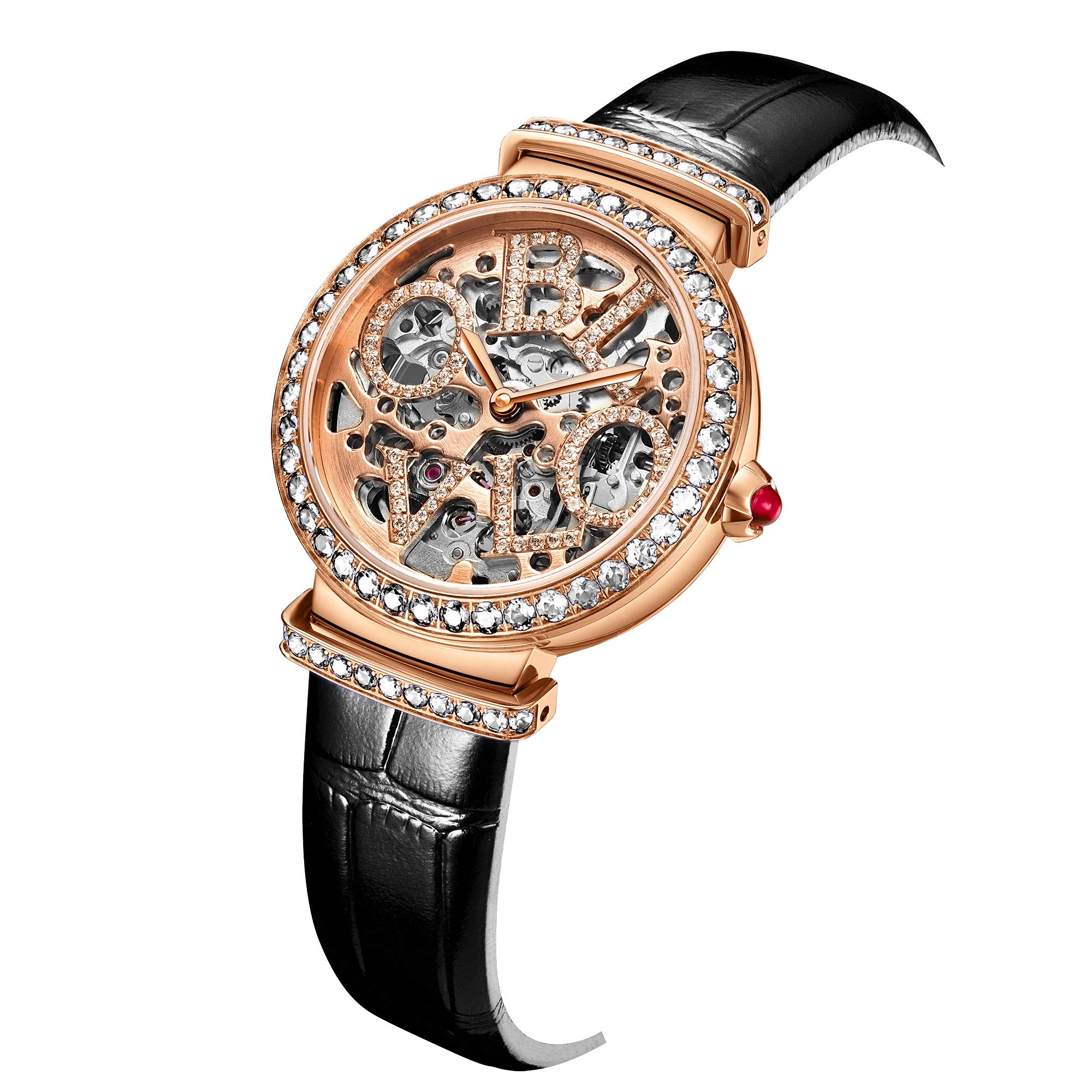 Luxury Women's Rose Gold Automatic Watch with Skeleton Dial - Genuine Leather Strap - Elegant Dress Watch for Business, Party & Special Occasions