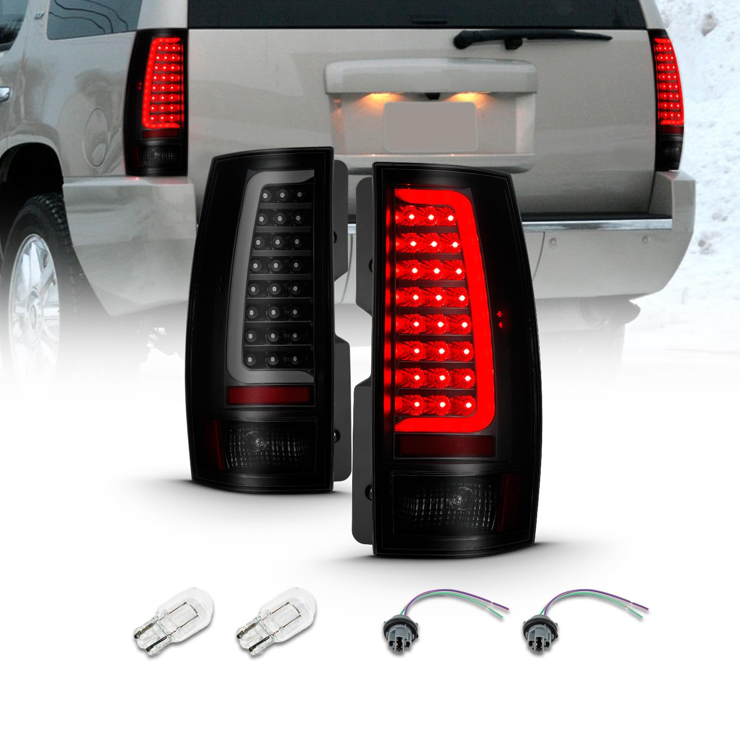 AmeriLite Replacement Dark C-Type LED Tail Lights for 2007-2014 Chevy Tahoe Suburban & GMC Yukon XL Denali - Black Smoke Halogen Tube Light Assembly (Pair) - Perfect for Night Driving and Enhanced Vehicle Style