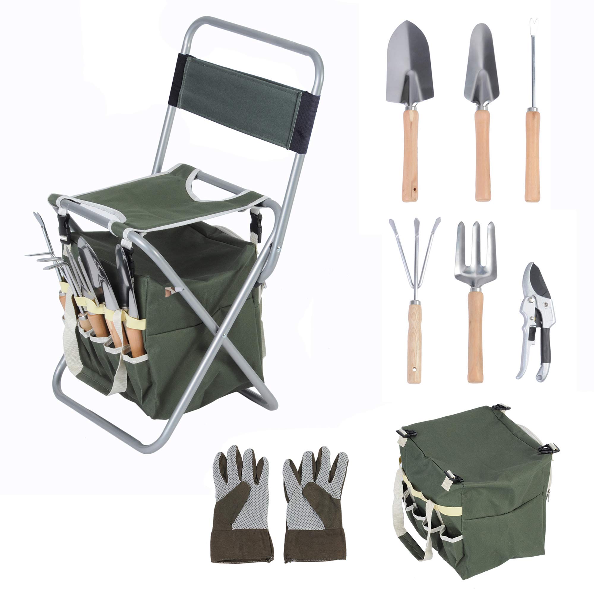 **LUCKYERMORE 9-Piece Heavy Duty Garden Tool Set with Ergonomic Wooden Handle & Detachable Tool Kit – Sturdy Gardening Stool for Planting, Weeding, and Landscaping**    *(Ideal for Home Gardens, Backyard Landscaping, and Outdoor Planting Projects)*