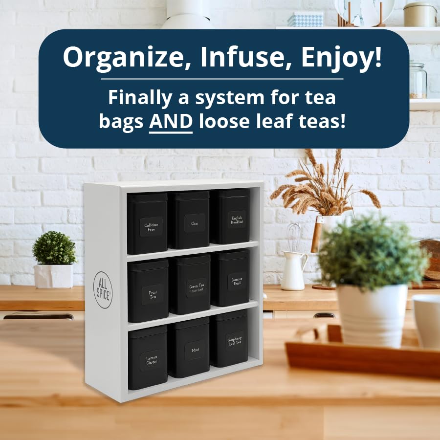 Premium AllSpice Tea Organizer Rack with 9 Airtight Tins & 160 Magnetic Labels – Perfect for Bagged & Loose Leaf Tea Storage – White – Ideal for Kitchen Countertops, Pantry Organization & Tea Lover Gifts