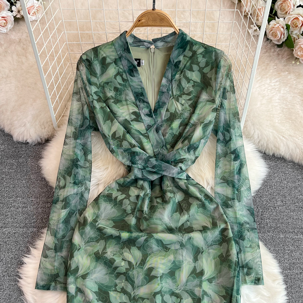 Korean Style Green Printed V-Neck Long Sleeve Sheath Dress for Women | Spring & Autumn Floral Midi Skirt | Perfect for Office Wear, Date Night & Special Occasions