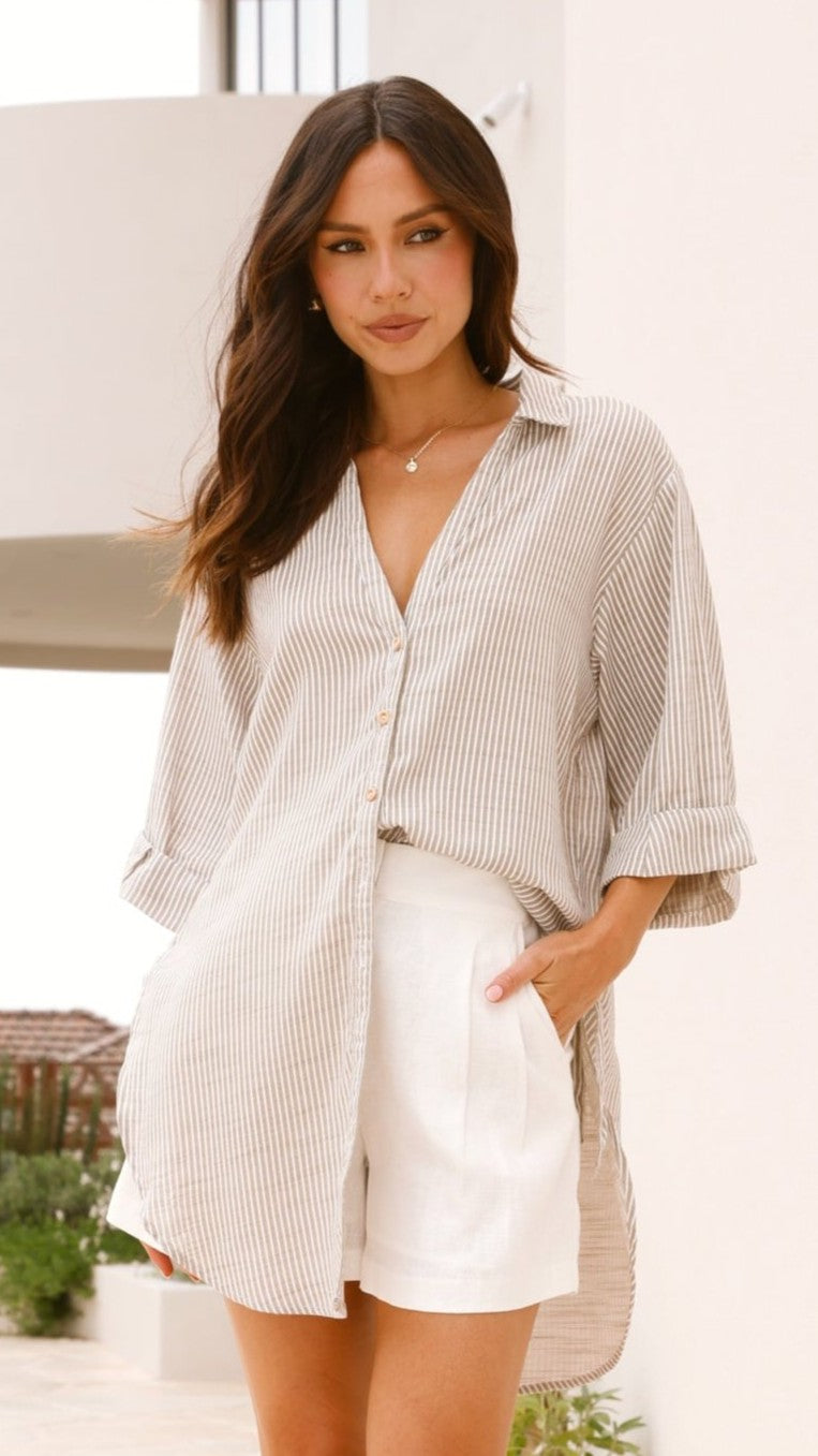 Lucia Shirt - Beige & White Striped Women's Blouse | Casual Office Wear & Spring Outfits