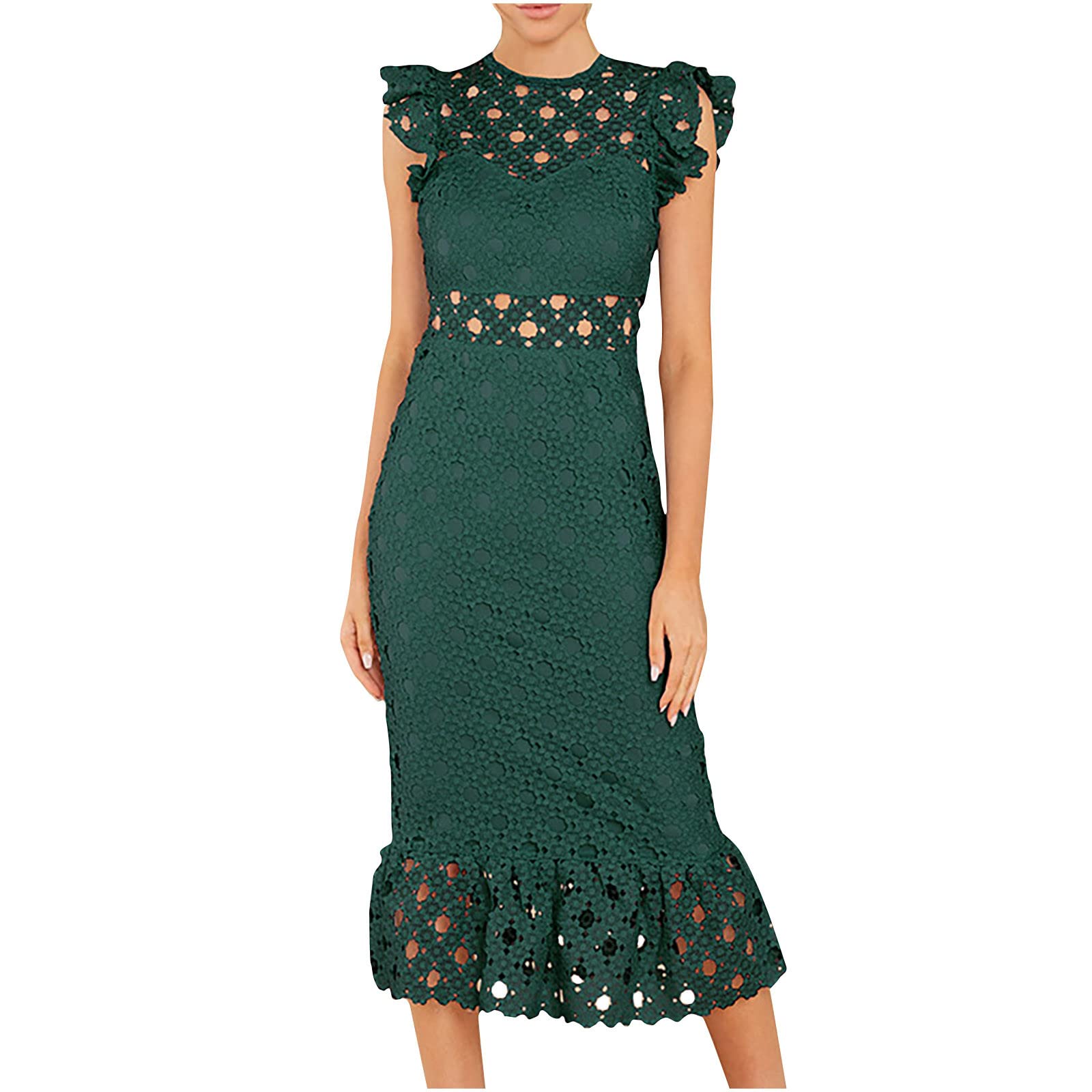 Elegant Lace Cocktail Dresses for Women - Wedding Guest Ruffle Fishtail Evening Gown with Hollow Out Sleeveless Design | Perfect for Parties, Proms & Formal Events