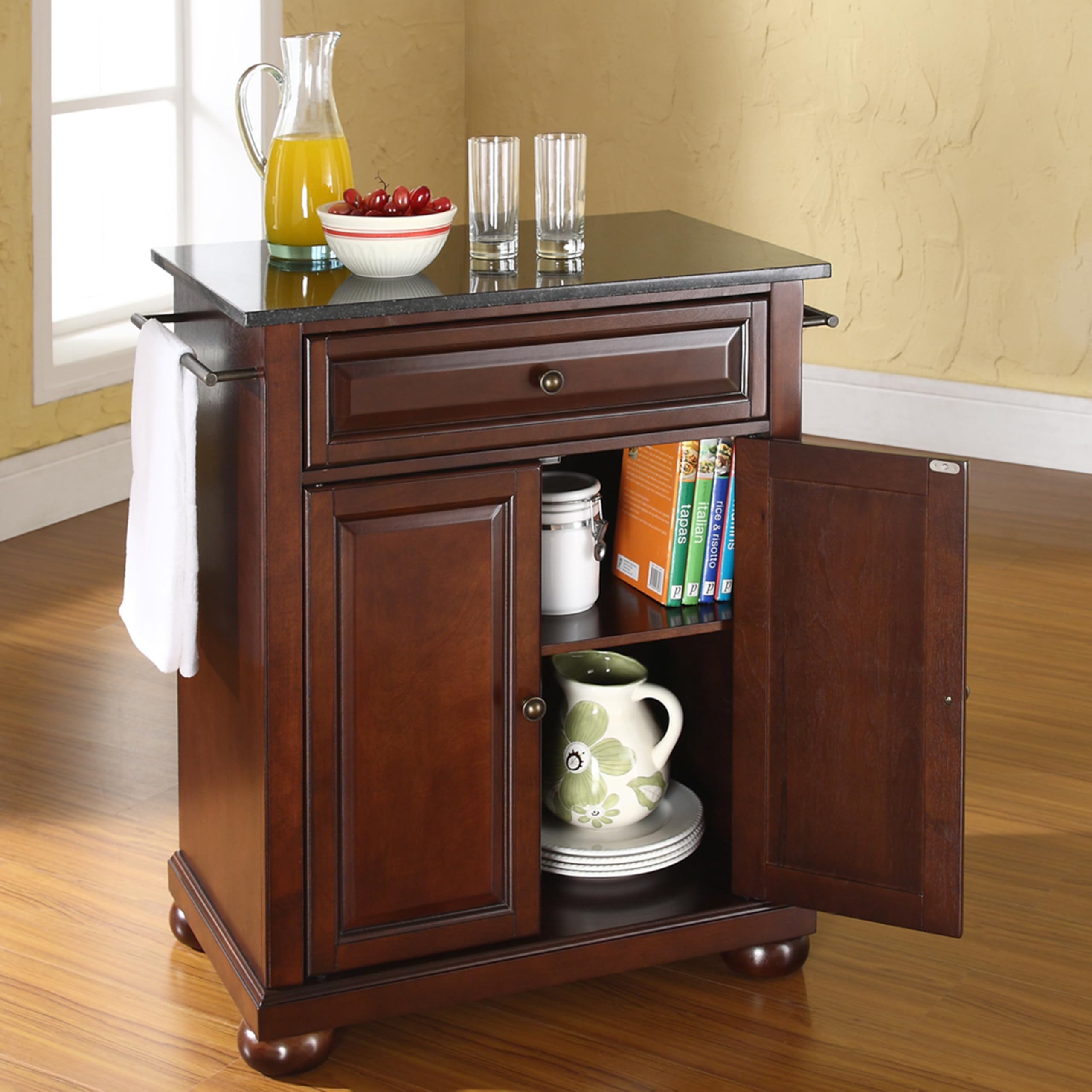 Crosley Alexandria Granite Top Portable Kitchen Island Cart with Wheels - Microwave Stand, Storage Cabinet, Mahogany Finish for Small Spaces - Perfect for Apartments, Dorms & Compact Kitchens