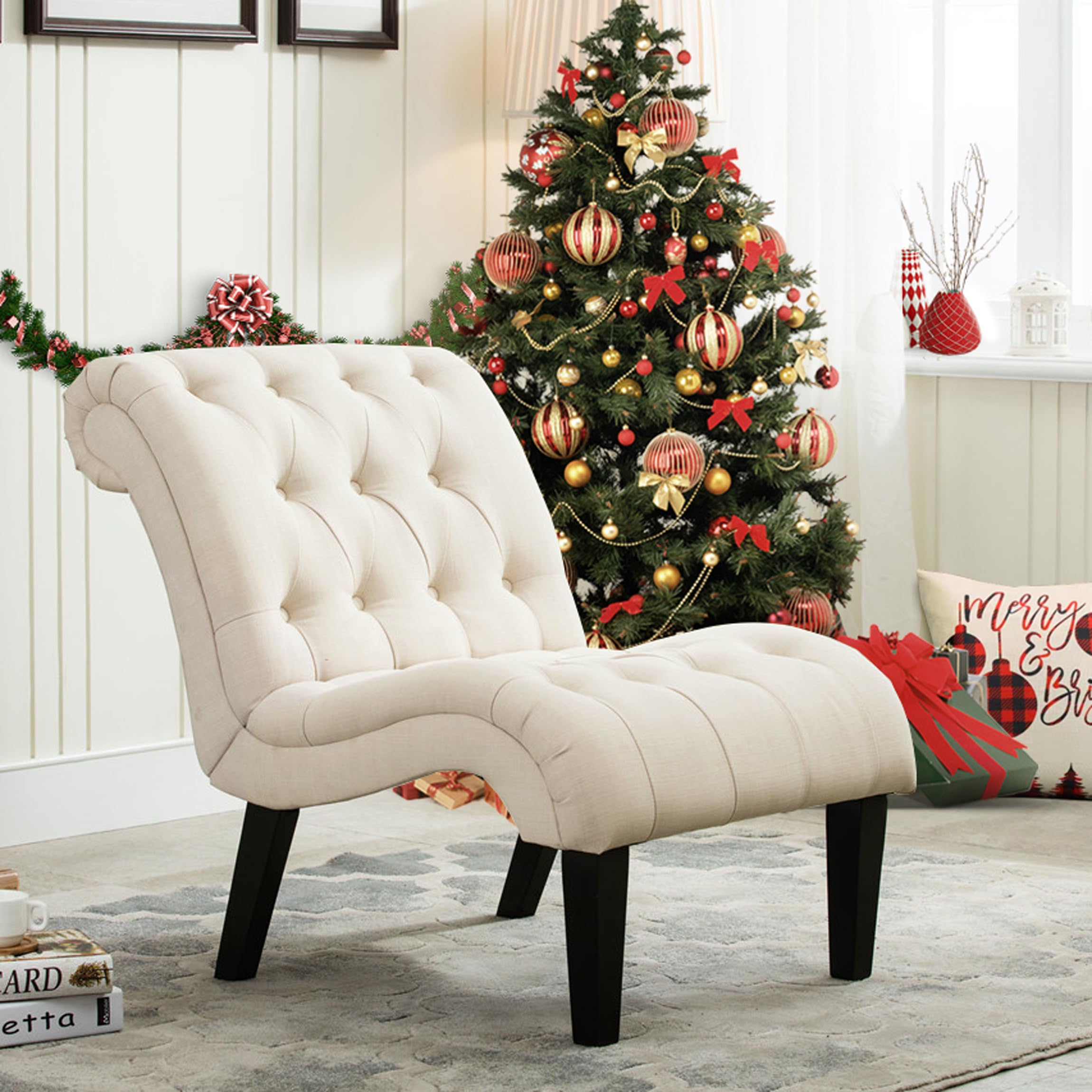 Yongqiang Tufted Upholstered Accent Chair with Wood Legs - Linen Fabric Lounge Chair for Bedroom, Living Room & Office - Perfect for Reading Nook, Cozy Corner or Guest Seating