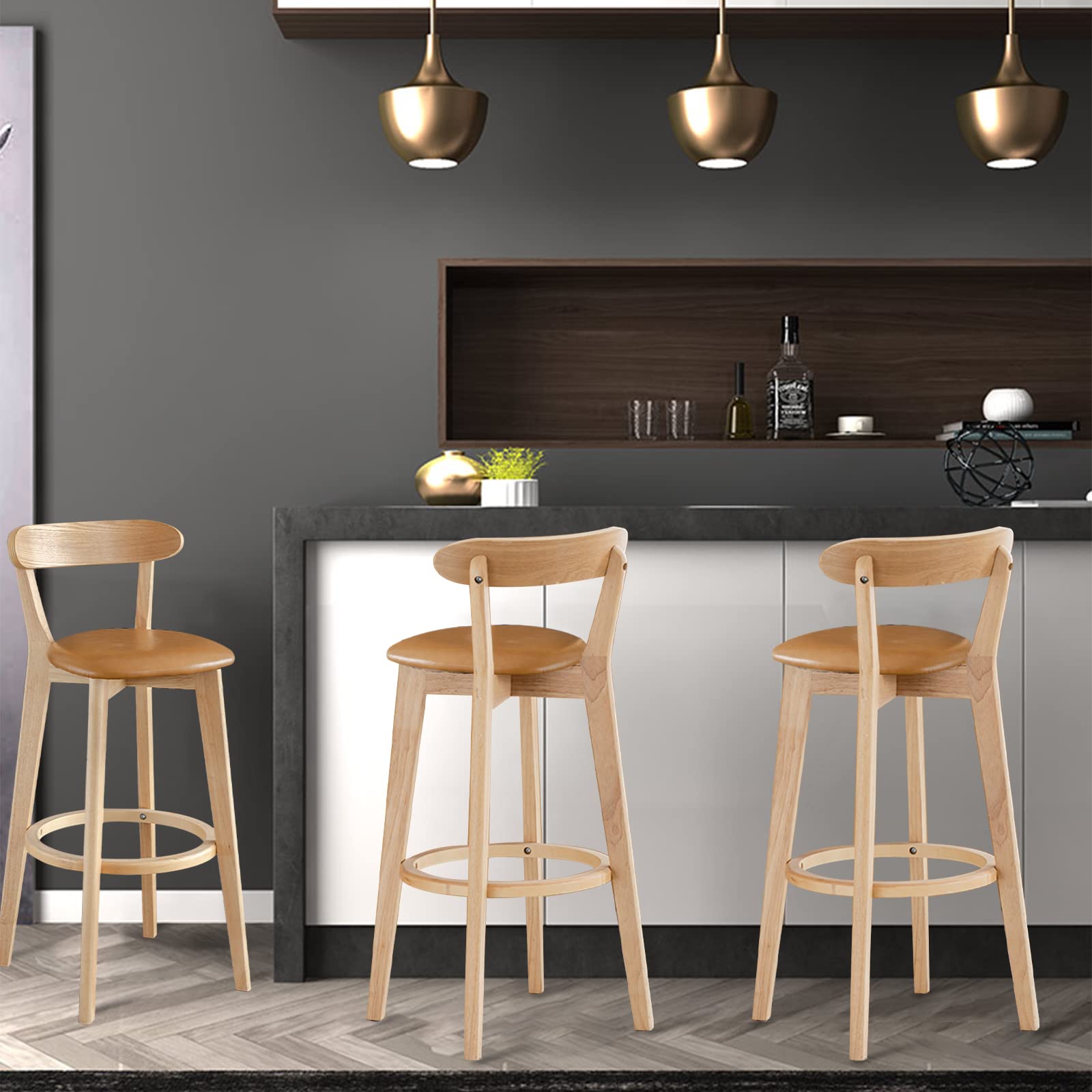 **Breakfast Wood Bar Stool with Backrest & Armrest - PU Leather Kitchen Bar Chair for Dining Room, Kitchen Island & Breakfast Nook**