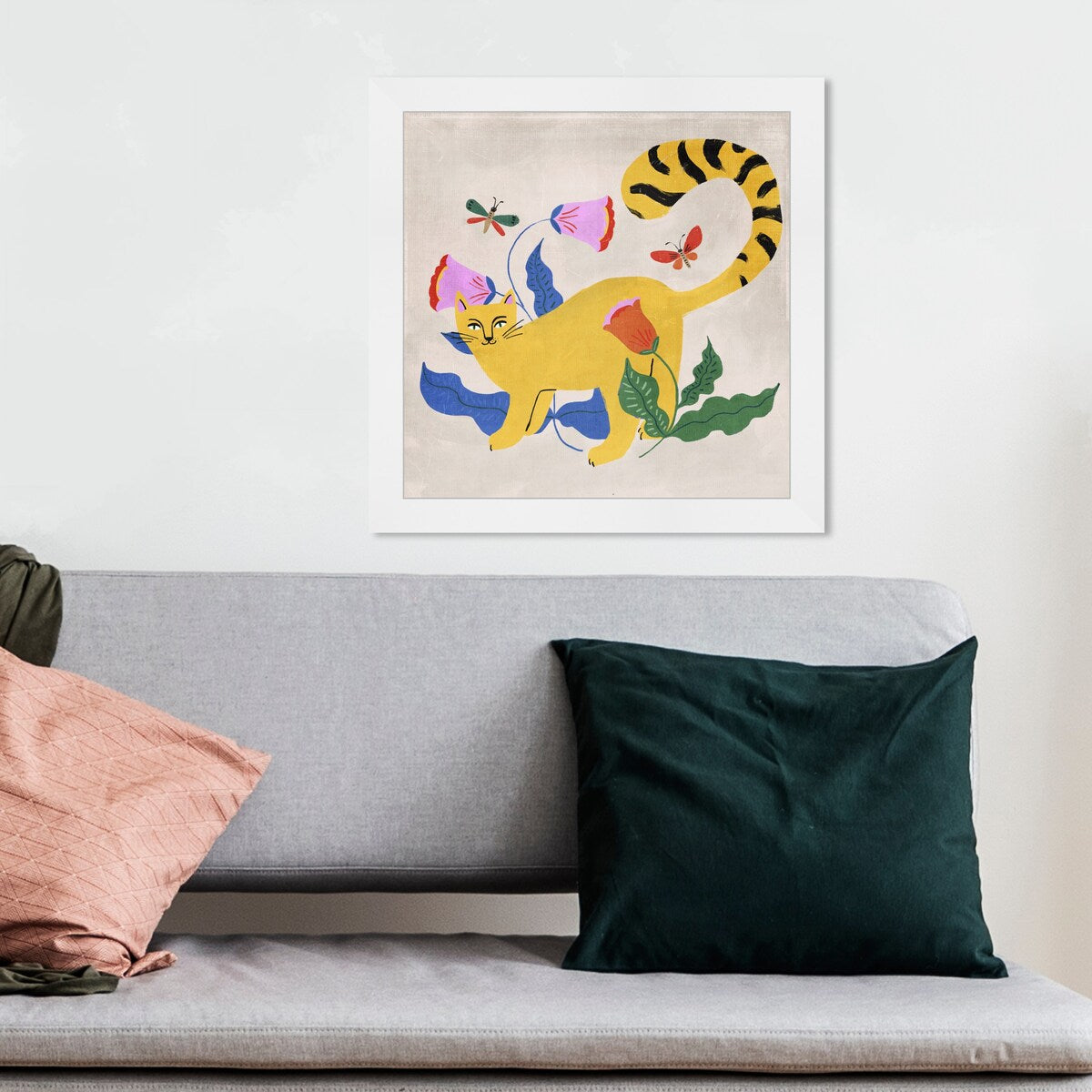 Blonde Tabby Floral Kitten Butterfly Garden Modern Yellow Framed Wall Art Print - Perfect for Bedroom, Nursery & Home Decor