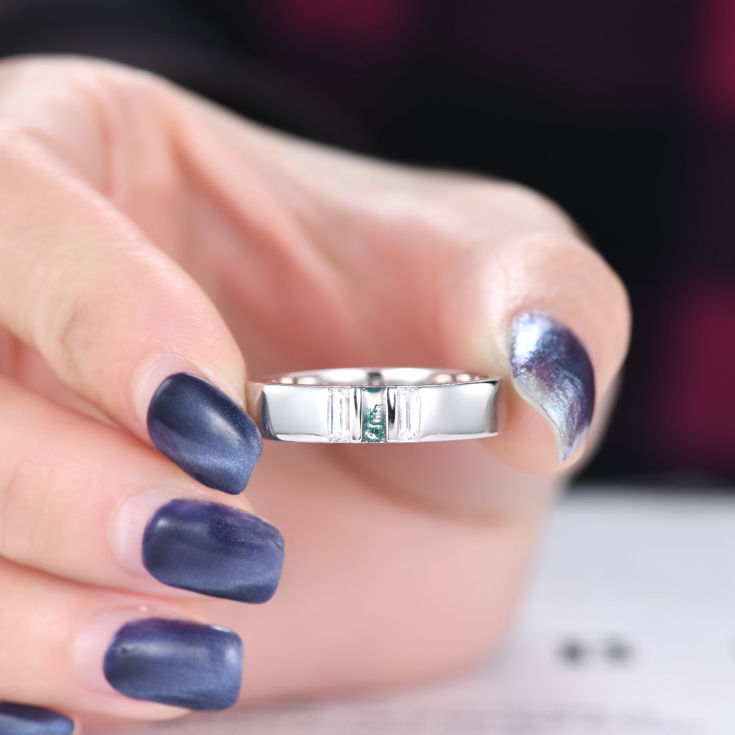 Men's Moss Agate White Gold Wedding Band - 3 Stone Baguette Cut 5mm Ring for Engagement, Anniversary & Special Occasions