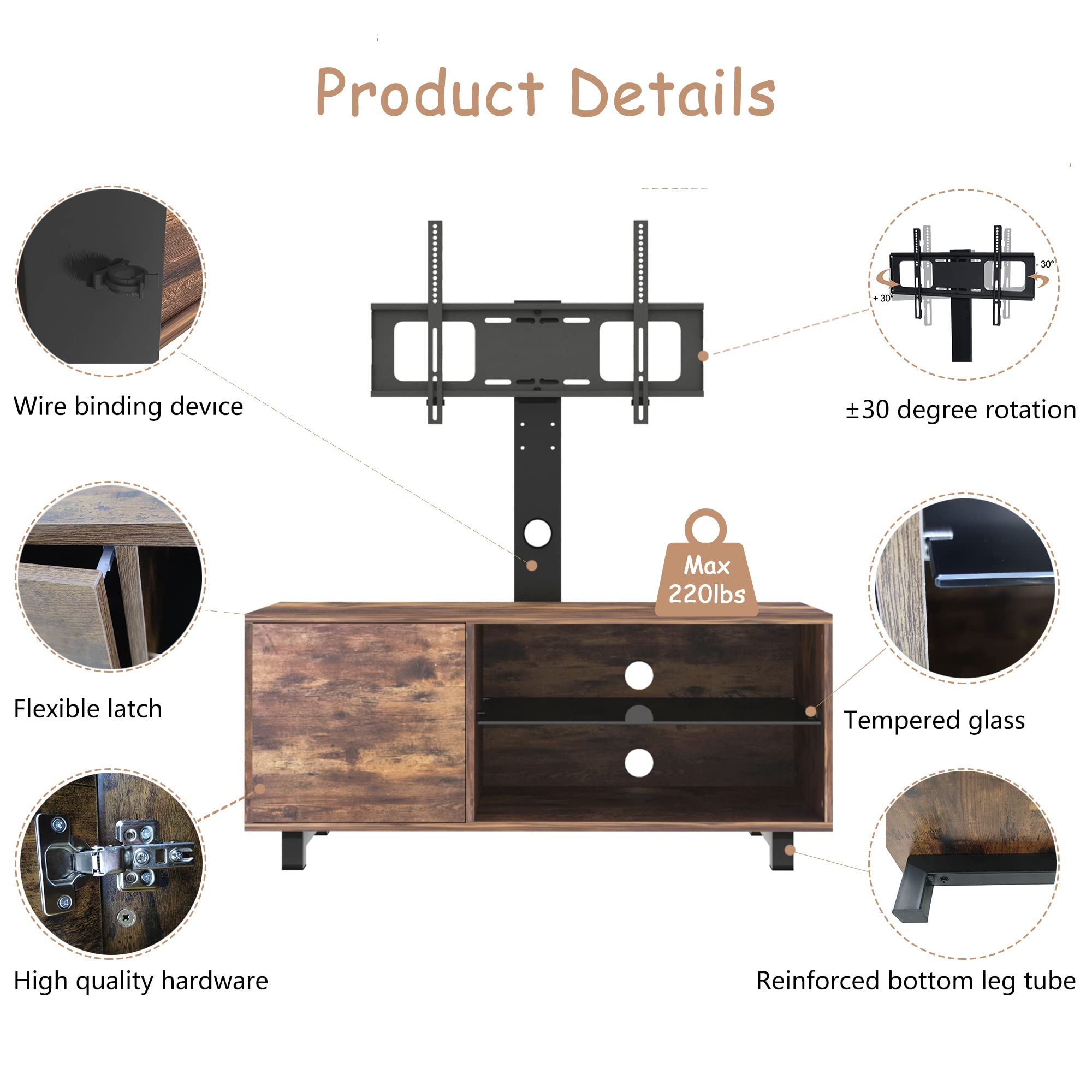 Rustic Brown Wooden TV Stand for 50-65 Inch TVs - Heavy Duty Metal Frame, Adjustable Height, Swivel Base & Tempered Glass - Universal Entertainment Center Holds Up to 110 lbs - Perfect for Living Room, Bedroom & Home Theater Setup