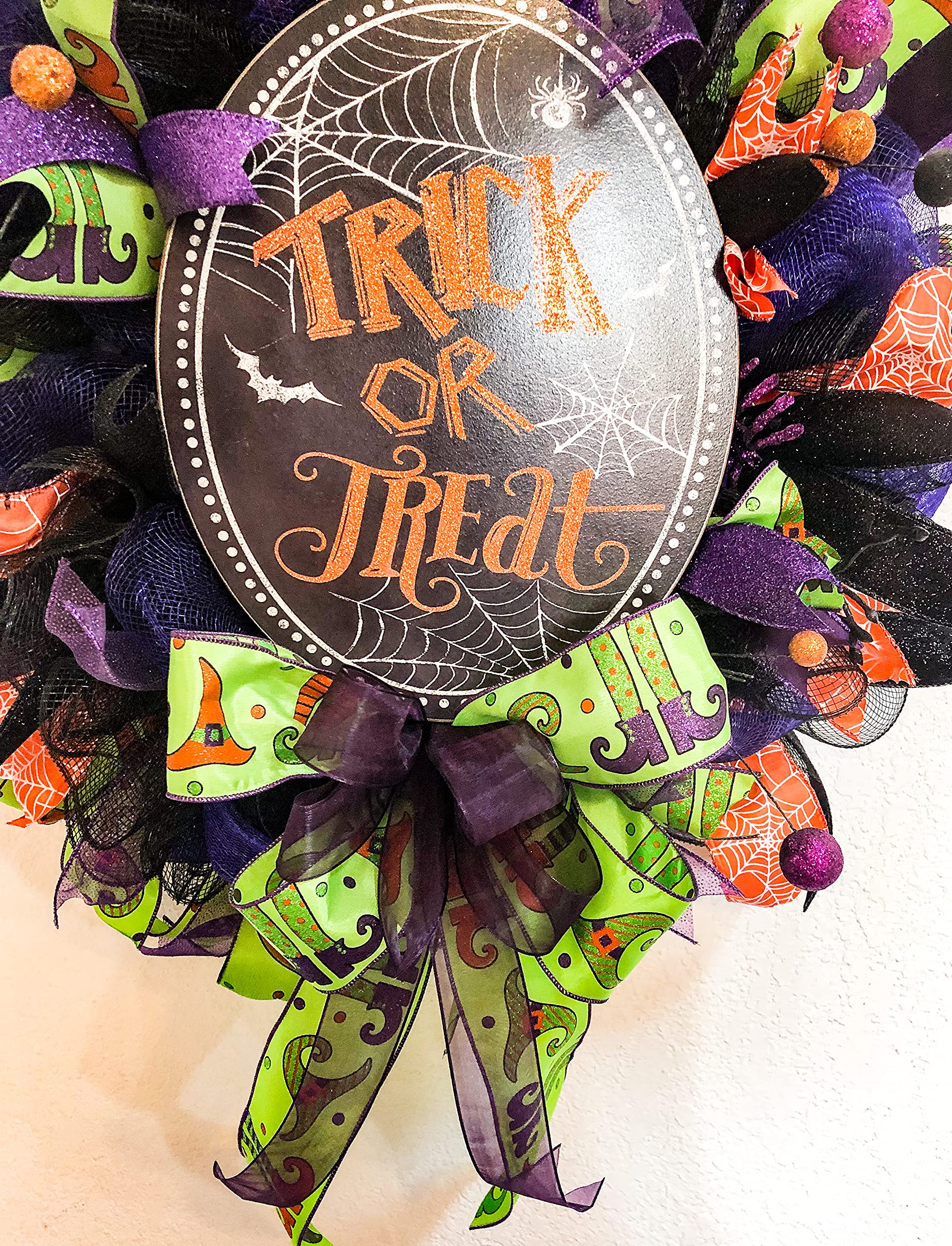 Halloween Wreath - Handmade Trick or Treat Deco Mesh Wreath for Front Door Decor, Halloween Party & Home Decoration