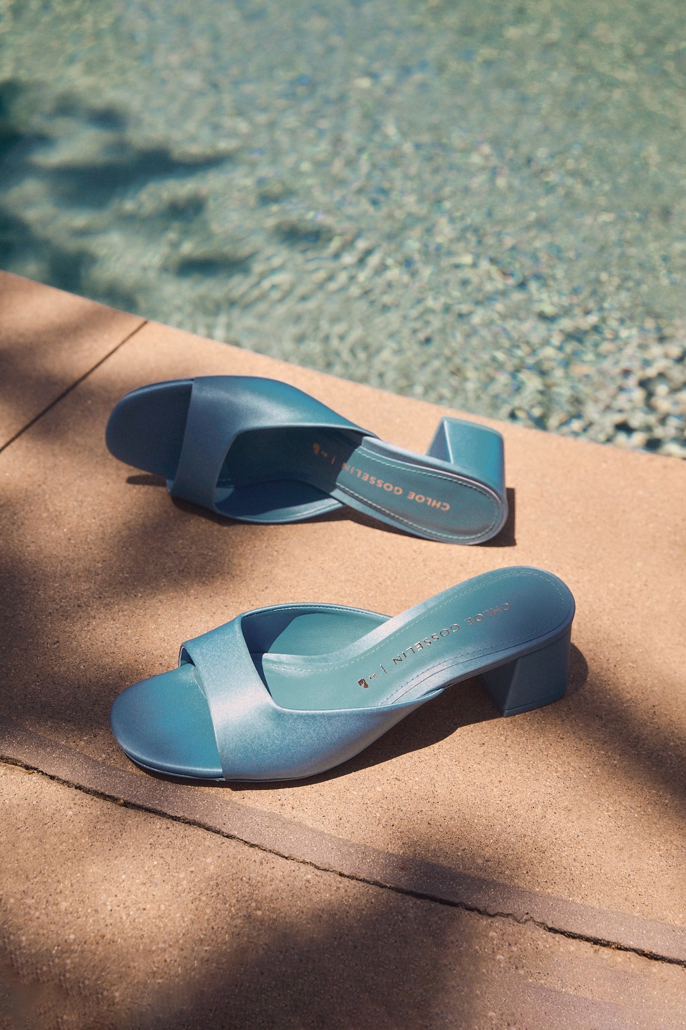 Chloe Gosselin by Larroudé Women's Anah Mule Slippers - Blue Satin Heels for Women - Comfortable House Shoes for Indoor/Outdoor Wear, Perfect for Lounging, Parties & Special Occasions