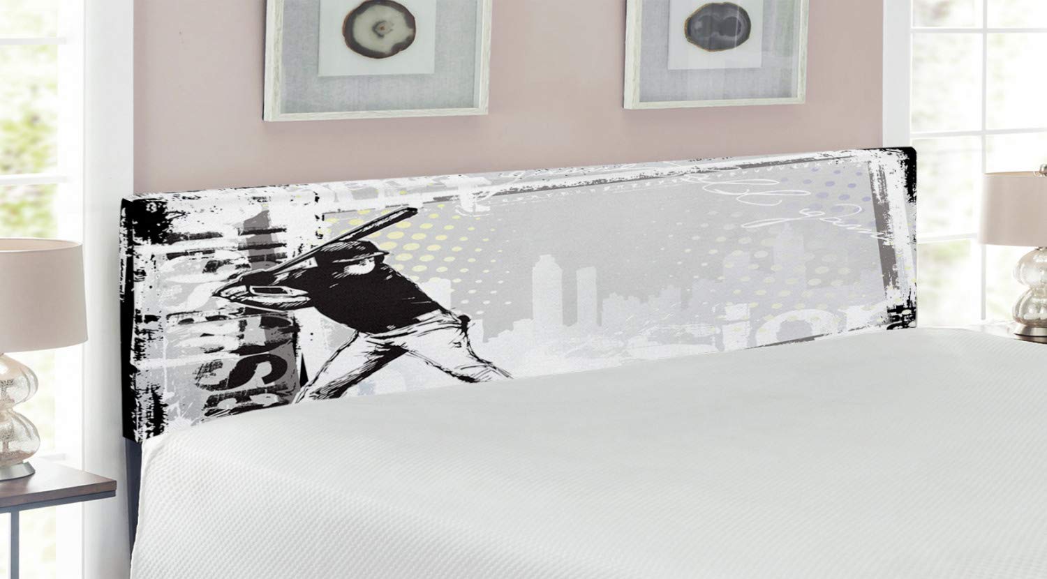 Ambesonne Baseball Themed King Size Headboard - Upholstered Metal Bed Headboard with Memory Foam, Black & White Hitter in Field Graphic Design | Perfect for Sports Lovers' Bedroom Decor & Baseball Fan Gifts