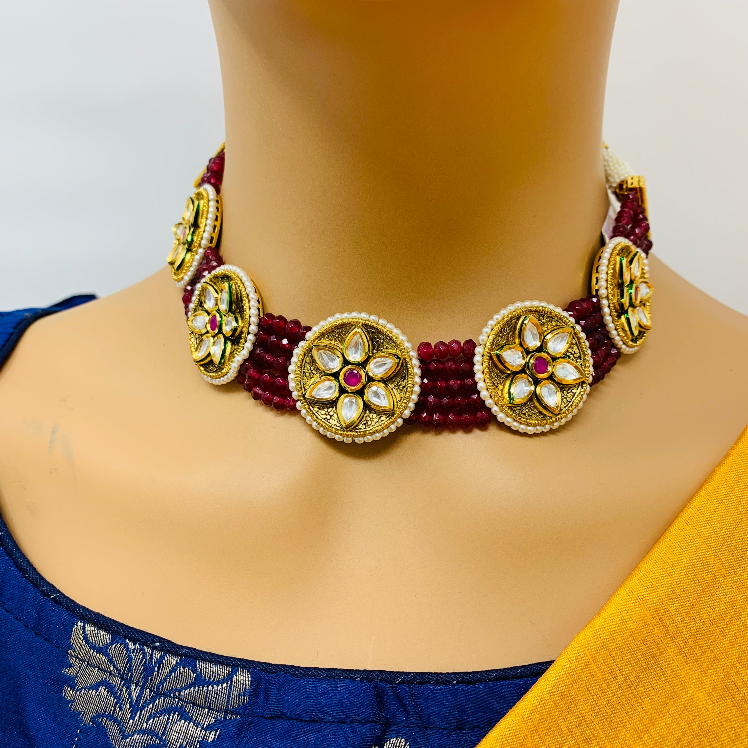 Exquisite Gold Plated Royal Kundan & Ruby Choker Necklace Set with Matching Earrings (D501) - Perfect for Weddings, Parties & Special Occasions