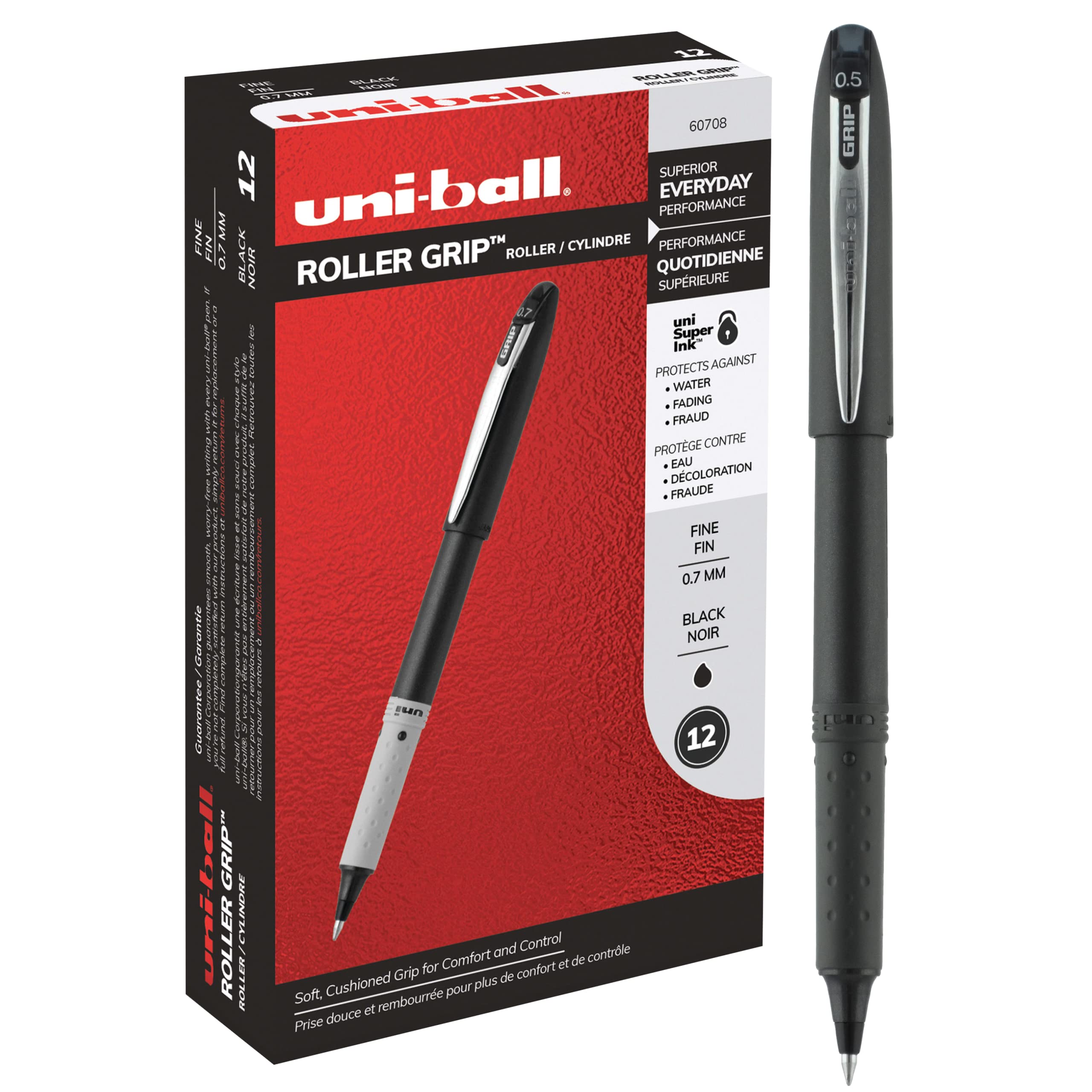 uni-ball Roller Grip Fine Point Rollerball Pens - 12 Pack Black Ink Pens for Office, School & Note Taking - Smooth Writing Rollerball Pens for Journaling, Sketching & Everyday Use