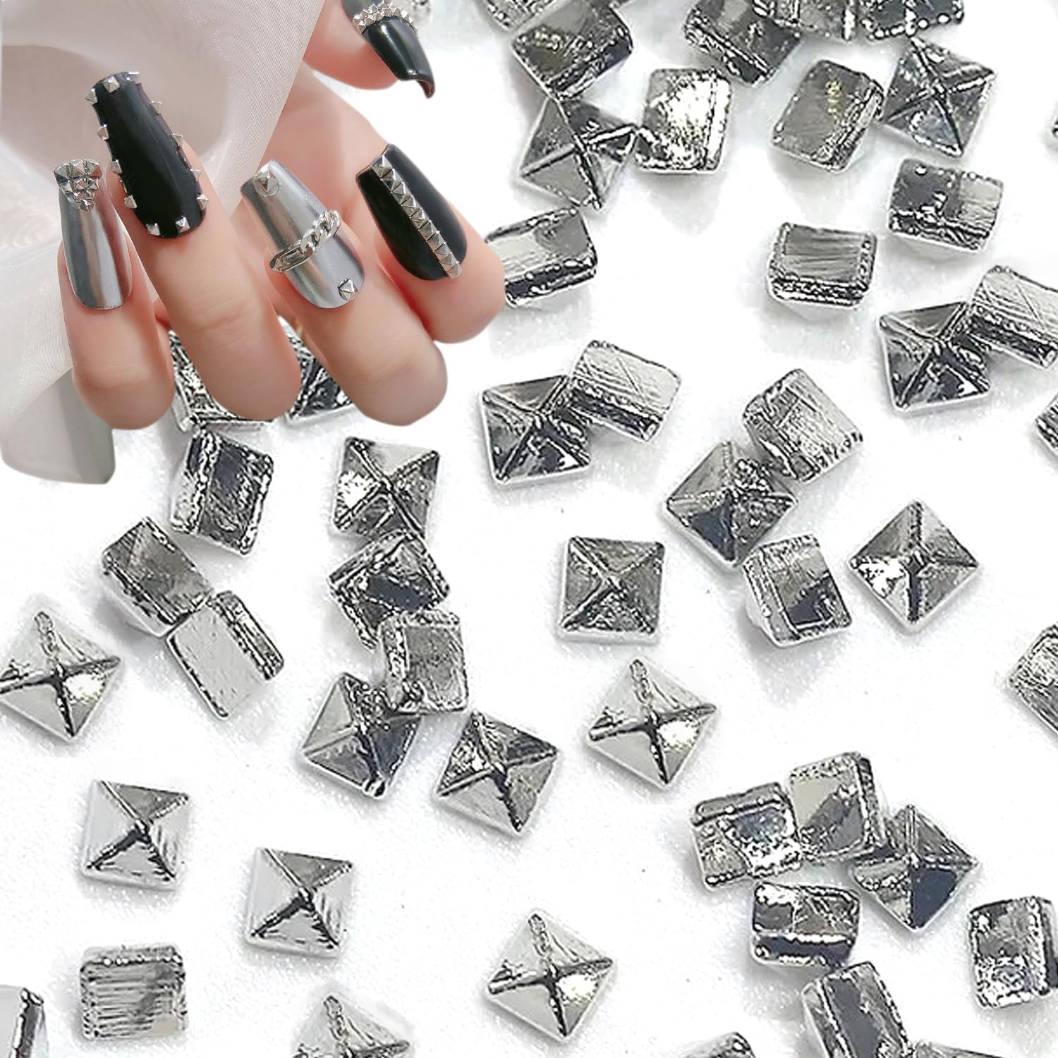 Silver Square Spire Nail Charms - 600pcs Alloy Rivets for Acrylic Nails - Punk Style Nail Art for Women (3 Sizes) - Perfect for DIY & Salon Use