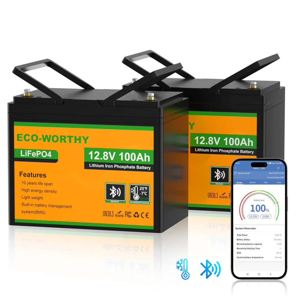 ECO WORTHY 12V 100Ah LiFePO4 Deep Cycle Battery with Bluetooth & Low Temp Protection - Perfect for Solar Power, RV, Marine & Off-Grid Applications