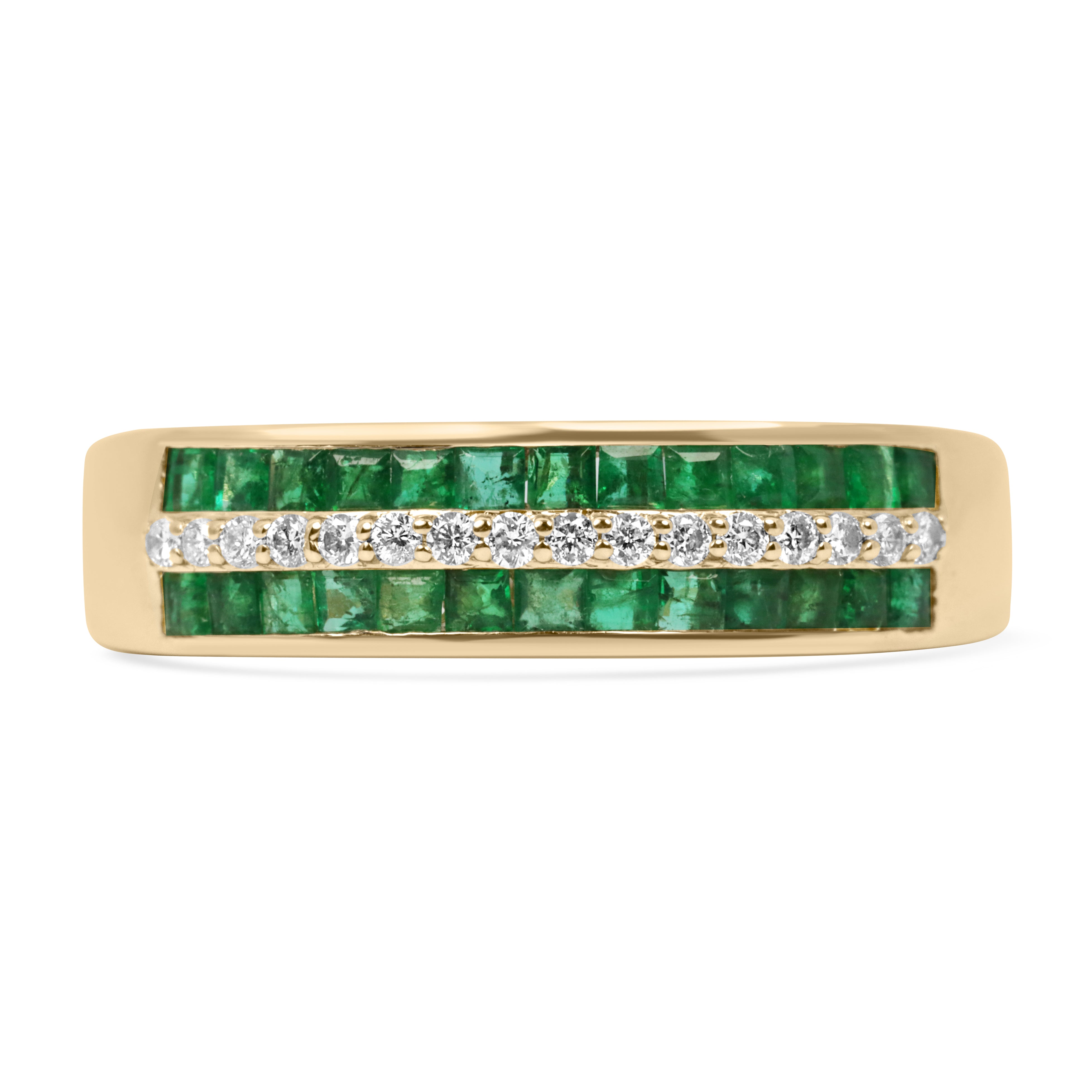 14K Gold Three Row Square Emerald & Diamond Wedding Band - 6mm Wide Elegant Stackable Ring for Bridal, Anniversary & Special Occasions