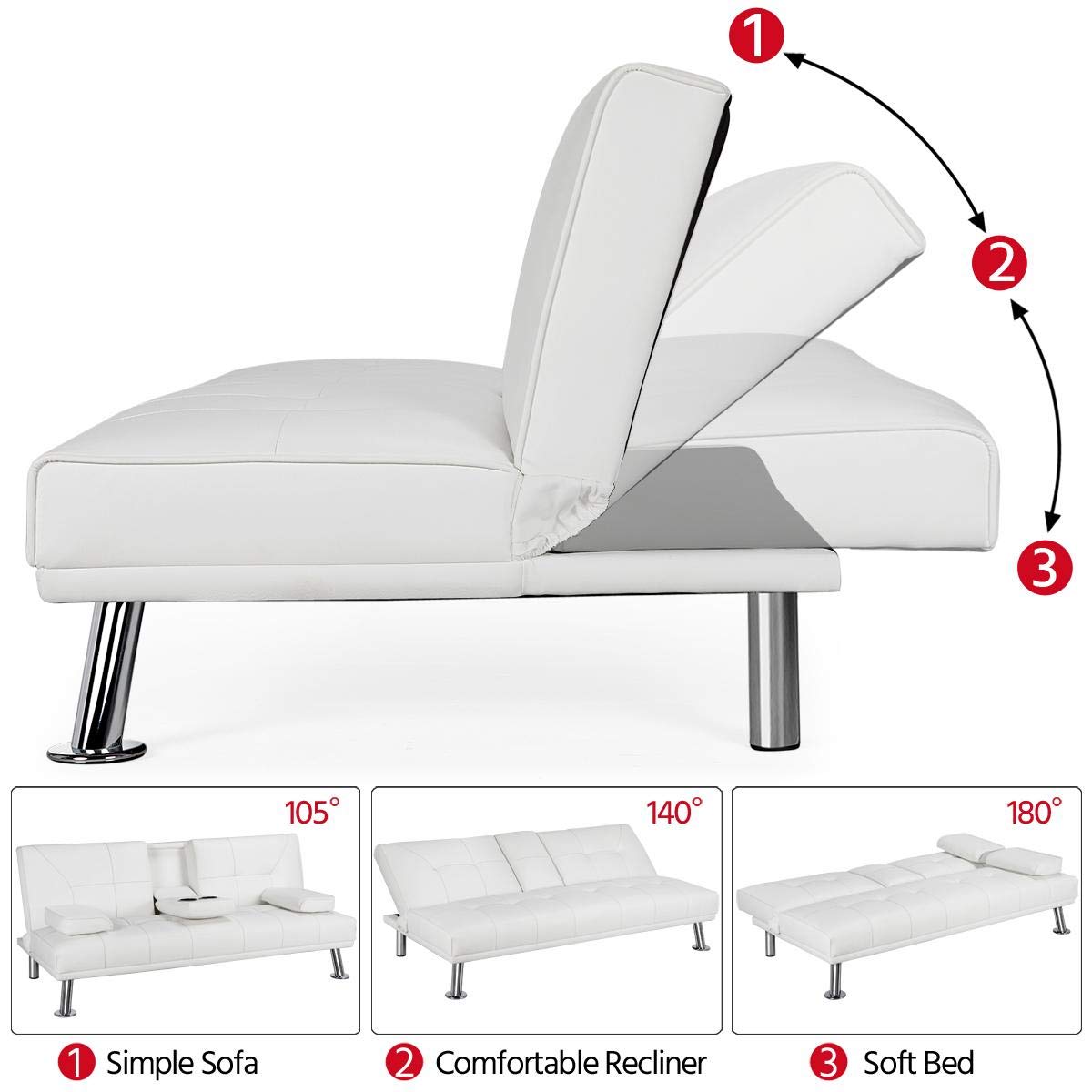 Topeakmart Adjustable Faux Leather Sofa Bed - Modern Convertible Futon Couch with Armrest & Recliner - White Home Furniture for Living Room, Guest Room & Small Spaces
