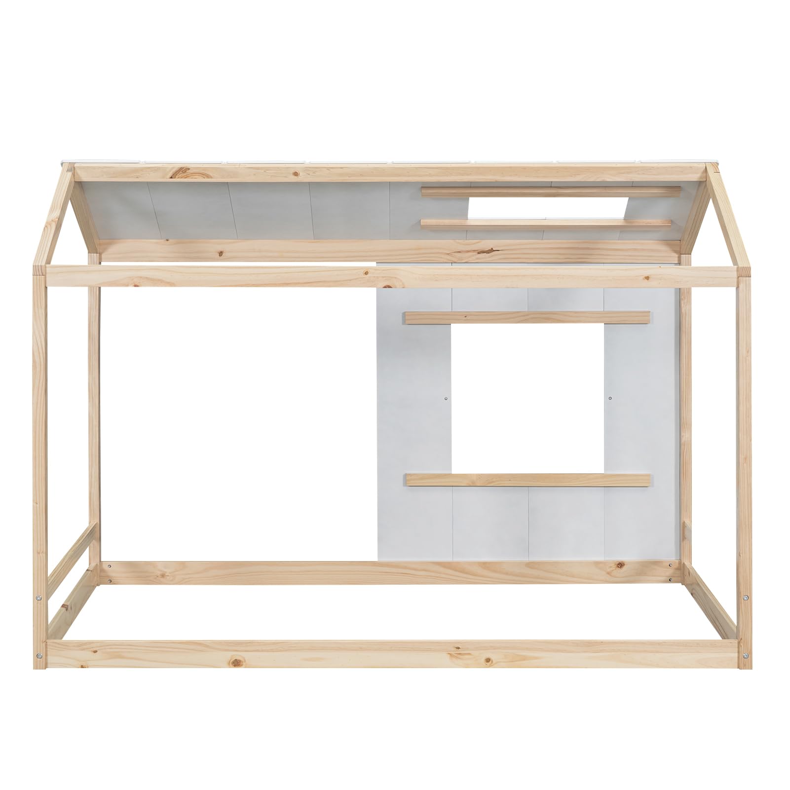 Montessori Twin Size Floor Bed Frame for Kids - Wooden House Bed with Headboard & Roof, No Slats Required - Natural Antique White - Perfect for Toddler Rooms, Daycare Centers & Montessori Classrooms